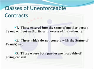 Classes of Unenforceable Contracts 1.  Those entered into the same of another person by one without authority or in excess of his authority; 2.  Those which do not comply with the Statue of Frauds; and 3.  Those where both parties are incapable of giving consent   
