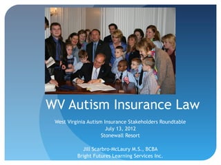 WV Autism Insurance Law
 West Virginia Autism Insurance Stakeholders Roundtable
                       July 13, 2012
                     Stonewall Resort

            Jill Scarbro-McLaury M.S., BCBA
          Bright Futures Learning Services Inc.
 