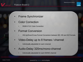 powered by arkona technologiesOctober 11th 2012
• Frame Synchronizer
• Color Correction
• RGB & YUV Color Correction
• Format Conversion
• HQ Up/Down/Cross Format Conversion between SD, HD and 3G Formats
• Video-Delay up to 8 frames / channel
• Individually adjustable for each channel
• Audio-Delay 320ms/mono-channel
• Individually adjustable for each MONO channel
6
Feature Board 2
 