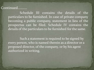Continued..........
              Schedule III contains the details of the
     particulars to be furnished. In case of private company
     becoming a public company, statement in lieu of the
     prospectus can be filed. Schedule IV contains the
     details of the particulars to be furnished for the same.

             Such a statement is required to be signed by
     every person, who is named therein as a director or a
     proposed director, of the company, or by his agent
     authorized in writing.
 