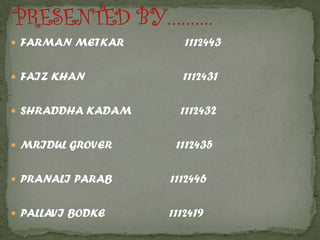  FARMAN METKAR       1112443

 FAIZ KHAN          1112431

 SHRADDHA KADAM     1112432

 MRIDUL GROVER     1112435

 PRANALI PARAB    1112446

 PALLAVI BODKE    1112419
 