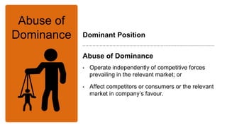 Abuse of
Dominance
• Operate independently of competitive forces
prevailing in the relevant market; or
• Affect competitor...
