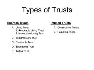 Types of Trusts
Express Trusts
A. Living Trust
1. Revocable Living Trust
2. Irrevocable Living Trust
B. Testamentary Trust
C. Charitable Trust
D. Spendthrift Trust
E. Totten Trust
Implied Trusts
A. Constructive Trusts
B. Resulting Trusts
 