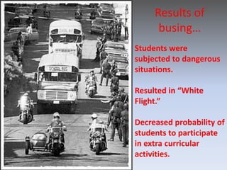 Results of busing…Students were subjected to dangerous situations.Resulted in “White Flight.”Decreased probability of students to participate in extra curricular activities.