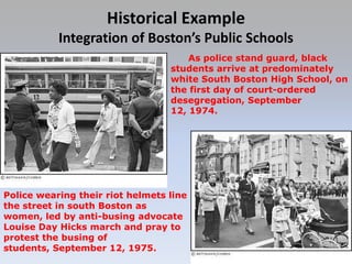 Historical ExampleIntegration of Boston’s Public SchoolsAs police stand guard, black students arrive atpredominately white South Boston High School, on the first day of court-ordered desegregation, September 12, 1974.Police wearing their riot helmets line the street in south Boston as women, led by anti-busing advocate Louise Day Hicks march and pray to protest the busing of students, September 12, 1975.