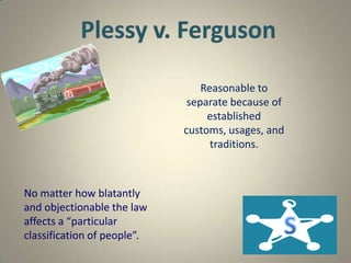 Plessy v. FergusonReasonable to separate because of established customs, usages, and traditions.No matter how blatantly and objectionable the law affects a “particular classification of people”.S