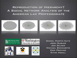 Reproduction of Hierarchy?
A Social Network Analysis of the
   American Law Professoriate




                   Daniel Martin Katz
                      Josh Gubler
                       Jon Zelner
                   Michael Bommarito
                      Eric Provins
                      Eitan Ingall
 