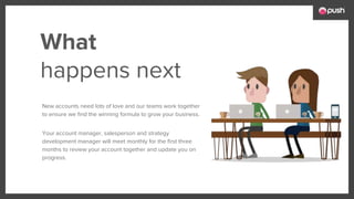 New accounts need lots of love and our teams work together
to ensure we find the winning formula to grow your business.
Your account manager, salesperson and strategy
development manager will meet monthly for the first three
months to review your account together and update you on
progress.
What
happens next
 