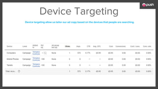 Device Targeting
Device targeting allow us tailor our ad copy based on the devices that people are searching.
 