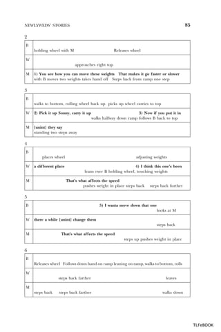 85

NEWLYWEDS’ STORIES

2
B
holding wheel with M

Releases wheel

W
approaches right top
M

1) You see how you can move these weights That makes it go faster or slower
with B moves two weights takes hand off Steps back from ramp one step

3
B
walks to bottom, rolling wheel back up picks up wheel carries to top
W

2) Pick it up Sonny, carry it up

M

[unint] they say
standing two steps away

3) Now if you put it in
walks halfway down ramp follows B back to top

4
B
places wheel
W

a different place

M

adjusting weights
4) I think this one’s been
leans over B holding wheel, touching weights
That’s what affects the speed
pushes weight in place steps back

steps back further

5
B

5) I wanta move down that one
looks at M

W

there a while [unint] change them
steps back

M

That’s what affects the speed
steps up pushes weight in place

6
B
Releases wheel Follows down hand on ramp leaning on ramp, walks to bottom, rolls
W
steps back farther

leaves

M
steps back

steps back farther

walks down

TLFeBOOK

 