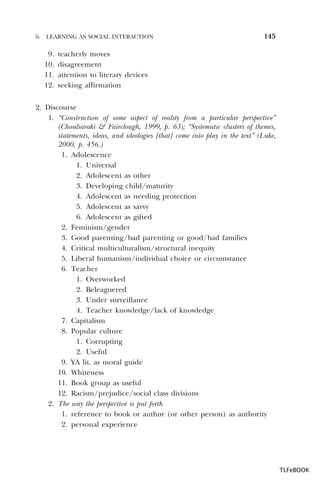 6.

LEARNING AS SOCIAL INTERACTION

9.
10.
11.
12.

145

teacherly moves
disagreement
attention to literary devices
seeking affirmation

2. Discourse
1. “Construction of some aspect of reality from a particular perspective”
(Chouliaraki & Fairclough, 1999, p. 63); “Systematic clusters of themes,
statements, ideas, and ideologies [that] come into play in the text” (Luke,
2000, p. 456.)
1. Adolescence
1. Universal
2. Adolescent as other
3. Developing child/maturity
4. Adolescent as needing protection
5. Adolescent as savvy
6. Adolescent as gifted
2. Feminism/gender
3. Good parenting/bad parenting or good/bad families
4. Critical multiculturalism/structural inequity
5. Liberal humanism/individual choice or circumstance
6. Teacher
1. Overworked
2. Beleaguered
3. Under surveillance
4. Teacher knowledge/lack of knowledge
7. Capitalism
8. Popular culture
1. Corrupting
2. Useful
9. YA lit. as moral guide
10. Whiteness
11. Book group as useful
12. Racism/prejudice/social class divisions
2. The way the perspective is put forth
1. reference to book or author (or other person) as authority
2. personal experience

TLFeBOOK

 