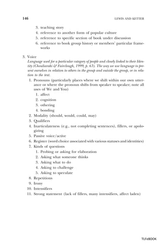 146

LEWIS AND KETTER

3.
4.
5.
6.

teaching story
reference to another form of popular culture
reference to specific section of book under discussion
reference to book group history or members’ particular frameworks

3. Voice
Language used for a particular category of people and closely linked to their Identity (Chouliaraki & Fairclough, 1999, p. 63). The way we use language to present ourselves in relation to others in the group and outside the group, or in relation to the text.
1. Pronouns (particularly places where we shift within our own utterance or where the pronoun shifts from speaker to speaker; note all
uses of We and You)
1. affect
2. cognition
3. othering
4. bonding
2. Modality (should, would, could, may)
3. Qualifiers
4. Inarticulateness (e.g., not completing sentences), fillers, or apologizing
5. Passive voice/active
6. Register (word choice associated with various statuses and identities)
7. Kinds of questions
1. Probing or asking for elaboration
2. Asking what someone thinks
3. Asking what to do
4. Asking to challenge
5. Asking to speculate
8. Repetitions
9. Irony
10. Intensifiers
11. Strong statement (lack of fillers, many intensifiers, affect laden)

TLFeBOOK

 
