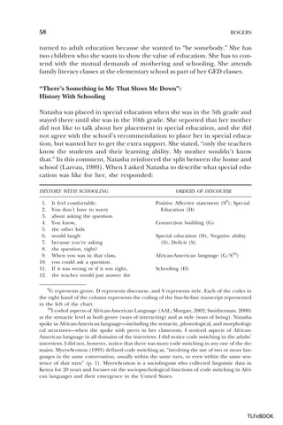 58

ROGERS

turned to adult education because she wanted to “be somebody.” She has
two children who she wants to show the value of education. She has to contend with the mutual demands of mothering and schooling. She attends
family literacy classes at the elementary school as part of her GED classes.
“There’s Something in Me That Slows Me Down”:
History With Schooling
Natasha was placed in special education when she was in the 5th grade and
stayed there until she was in the 10th grade. She reported that her mother
did not like to talk about her placement in special education, and she did
not agree with the school’s recommendation to place her in special education, but wanted her to get the extra support. She stated, “only the teachers
know the students and their learning ability. My mother wouldn’t know
that.” In this comment, Natasha reinforced the split between the home and
school (Lareau, 1989). When I asked Natasha to describe what special education was like for her, she responded:
HISTORY WITH SCHOOLING
1.
2.
3.
4.
5.
6.
7.
8.
9.
10.
11.
12.

It feel comfortable.
You don’t have to worry
about asking the question.
You know,
the other kids
would laugh
because you’re asking
the question, right?
When you was in that class,
you could ask a question.
If it was wrong or if it was right,
the teacher would just answer the

ORDERS OF DISCOURSE
Positive Affective statement (S9); Special
Education (D)
Connection building (G)
Special education (D), Negative ability
(S), Deficit (S)
African-American language (G/S10)
Schooling (D)

9G

represents genre, D represents discourse, and S represents style. Each of the codes in
the right hand of the column represents the coding of the line-by-line transcript represented
in the left of the chart.
10I coded aspects of African-American Language (AAL; Morgan, 2002; Smitherman, 2000)
at the syntactic level as both genre (ways of interacting) and as style (ways of being). Natasha
spoke in African-American language—including the syntactic, phonological, and morphological structures—when she spoke with peers in her classroom. I noticed aspects of AfricanAmerican language in all domains of the interviews. I did notice code switching in the adults’
interviews. I did not, however, notice that there was more code switching in any one of the domains. Myers-Scotton (1993) defined code switching as, “involving the use of two or more languages in the same conversation, usually within the same turn, or even within the same sentence of that turn” (p. 1). Myers-Scotton is a sociolinguist who collected linguistic data in
Kenya for 20 years and focuses on the sociopsychological functions of code switching in African languages and their emergence in the United States.

TLFeBOOK

 