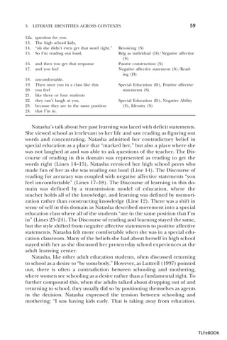 3.

LITERATE IDENTITIES ACROSS CONTEXTS

12a.
13.
14.
15.

question for you.
The high school kids,
“oh she didn’t even get that word right.”
So I’m reading out loud,

16.
17.

and then you get that response
and you feel

18.
19.
20.
21.
22.
23.
24.

uncomfortable.
Then once you in a class like this
you feel
like three or four students
they can’t laugh at you,
because they are in the same position
that I’m in.

59

Revoicing (S)
Rdg as individual (D)/Negative affective
(S)
Passive construction (S)
Negative affective statement (S)/Reading (D)
Special Education (D), Positive affective
statements (S)
Special Education (D), Negative Ability
(S), Identity (S)

Natasha’s talk about her past learning was laced with deficit statements.
She viewed school as irrelevant to her life and saw reading as figuring out
words and concentrating. Natasha admitted her contradictory belief in
special education as a place that “marked her,” but also a place where she
was not laughed at and was able to ask questions of the teacher. The Discourse of reading in this domain was represented as reading to get the
words right (Lines 14–15). Natasha revoiced her high school peers who
made fun of her as she was reading out loud (Line 14). The Discourse of
reading for accuracy was coupled with negative affective statements “you
feel uncomfortable” (Lines 17–18). The Discourse of learning in this domain was defined by a transmission model of education, where the
teacher holds all of the knowledge, and learning was defined by memorization rather than constructing knowledge (Line 12). There was a shift in
sense of self in this domain as Natasha described movement into a special
education class where all of the students “are in the same position that I’m
in” (Lines 23–24). The Discourse of reading and learning stayed the same,
but the style shifted from negative affective statements to positive affective
statements. Natasha felt more comfortable when she was in a special education classroom. Many of the beliefs she had about herself in high school
stayed with her as she discussed her present-day school experiences at the
adult learning center.
Natasha, like other adult education students, often discussed returning
to school as a desire to “be somebody.” However, as Luttrell (1997) pointed
out, there is often a contradiction between schooling and mothering,
where women see schooling as a desire rather than a fundamental right. To
further compound this, when the adults talked about dropping out of and
returning to school, they usually did so by positioning themselves as agents
in the decision. Natasha expressed the tension between schooling and
mothering: “I was having kids early. That is taking away from education.

TLFeBOOK

 
