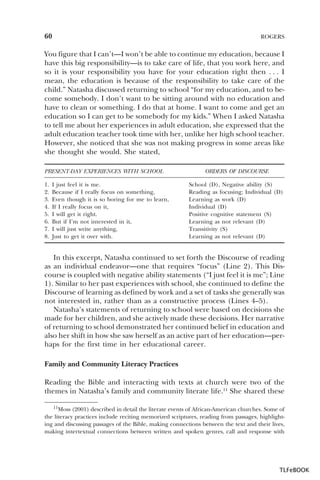 60

ROGERS

You figure that I can’t—I won’t be able to continue my education, because I
have this big responsibility—is to take care of life, that you work here, and
so it is your responsibility you have for your education right then . . . I
mean, the education is because of the responsibility to take care of the
child.” Natasha discussed returning to school “for my education, and to become somebody. I don’t want to be sitting around with no education and
have to clean or something. I do that at home. I want to come and get an
education so I can get to be somebody for my kids.” When I asked Natasha
to tell me about her experiences in adult education, she expressed that the
adult education teacher took time with her, unlike her high school teacher.
However, she noticed that she was not making progress in some areas like
she thought she would. She stated,
PRESENT-DAY EXPERIENCES WITH SCHOOL
1.
2.
3.
4.
5.
6.
7.
8.

I just feel it is me.
Because if I really focus on something,
Even though it is so boring for me to learn,
If I really focus on it,
I will get it right.
But if I’m not interested in it,
I will just write anything,
Just to get it over with.

ORDERS OF DISCOURSE
School (D), Negative ability (S)
Reading as focusing; Individual (D)
Learning as work (D)
Individual (D)
Positive cognitive statement (S)
Learning as not relevant (D)
Transitivity (S)
Learning as not relevant (D)

In this excerpt, Natasha continued to set forth the Discourse of reading
as an individual endeavor—one that requires “focus” (Line 2). This Discourse is coupled with negative ability statements (“I just feel it is me”; Line
1). Similar to her past experiences with school, she continued to define the
Discourse of learning as defined by work and a set of tasks she generally was
not interested in, rather than as a constructive process (Lines 4–5).
Natasha’s statements of returning to school were based on decisions she
made for her children, and she actively made these decisions. Her narrative
of returning to school demonstrated her continued belief in education and
also her shift in how she saw herself as an active part of her education—perhaps for the first time in her educational career.
Family and Community Literacy Practices
Reading the Bible and interacting with texts at church were two of the
themes in Natasha’s family and community literate life.11 She shared these
11Moss (2001) described in detail the literate events of African-American churches. Some of
the literacy practices include reciting memorized scriptures, reading from passages, highlighting and discussing passages of the Bible, making connections between the text and their lives,
making intertextual connections between written and spoken genres, call and response with

TLFeBOOK

 