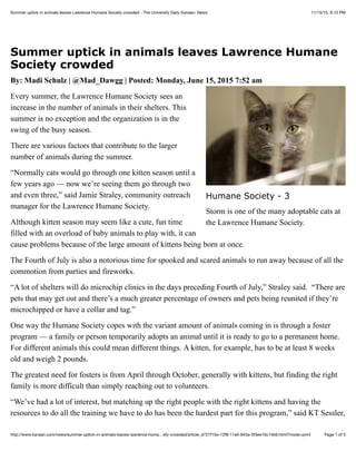 11/15/15, 9:10 PMSummer uptick in animals leaves Lawrence Humane Society crowded - The University Daily Kansan: News
Page 1 of 3http://www.kansan.com/news/summer-uptick-in-animals-leaves-lawrence-huma…ety-crowded/article_d727f15e-12f8-11e5-843a-0f3ee10c14b9.html?mode=print
Summer uptick in animals leaves Lawrence Humane
Society crowded
By: Madi Schulz | @Mad_Dawgg | Posted: Monday, June 15, 2015 7:52 am
Every summer, the Lawrence Humane Society sees an
increase in the number of animals in their shelters. This
summer is no exception and the organization is in the
swing of the busy season.
There are various factors that contribute to the larger
number of animals during the summer.
“Normally cats would go through one kitten season until a
few years ago — now we’re seeing them go through two
and even three,” said Jamie Straley, community outreach
manager for the Lawrence Humane Society.
Although kitten season may seem like a cute, fun time
filled with an overload of baby animals to play with, it can
cause problems because of the large amount of kittens being born at once.
The Fourth of July is also a notorious time for spooked and scared animals to run away because of all the
commotion from parties and fireworks.
“A lot of shelters will do microchip clinics in the days preceding Fourth of July,” Straley said. “There are
pets that may get out and there’s a much greater percentage of owners and pets being reunited if they’re
microchipped or have a collar and tag.”
One way the Humane Society copes with the variant amount of animals coming in is through a foster
program — a family or person temporarily adopts an animal until it is ready to go to a permanent home.
For different animals this could mean different things. A kitten, for example, has to be at least 8 weeks
old and weigh 2 pounds.
The greatest need for fosters is from April through October, generally with kittens, but finding the right
family is more difficult than simply reaching out to volunteers.
“We’ve had a lot of interest, but matching up the right people with the right kittens and having the
resources to do all the training we have to do has been the hardest part for this program,” said KT Sessler,
Humane Society - 3
Storm is one of the many adoptable cats at
the Lawrence Humane Society.
 