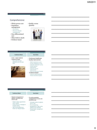 6/8/2011




                                                                     16




Comprehensive
• Whole person care               • Quality versus
• Population                        quantity
  management
  ▫ Preventive
  ▫ Chronic disease
    management
• Non-differentiated
  care
• Often birth to death
• Evidence based




        Traditional Model                   New Model


• Event – based medicine          • Continuous healthcare
• Experience based
                                  • Quality improvement
  ▫ Docs with the most
    experience are the best        ▫ Patient experience survey
    docs                           ▫ Provider satisfaction survey
                                   ▫ Employee satisfaction survey
                                   ▫ Clinical outcome
                                     measurement
                                   ▫ Financial outcome
                                     measurement
                                   ▫ Study and planning of results
                                  • Evidence based
                                   ▫ Evidence based guidelines
                                   ▫ Clinical outcomes reported




    Traditional Model                       New Model


• Reactive management of          • Pro-active population
  patients’ preventive and          management for chronic and
  chronic care                      preventive care
  ▫ Patient makes appointment      ▫ Anticipate needs of patients
    when needed                      prior to visit
  ▫ Acute chronic is managed in    ▫ Pre-visit planning
    hospital setting               ▫ Management of high acuity
  ▫ High acuity patients are         patients more intensely
    known as “frequent flyers”     ▫ Overall better management
                                     of chronics




                                                                                6
 