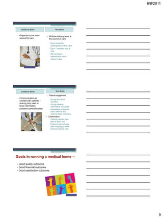 6/8/2011




    Traditional Model                 New Model


 • Physician is the main     • Multidisciplinary team is
   source for care             the source of care

                               ▫ Each member
                                 participates in the care
                               ▫ Each member has a
                                 role
                               ▫ All members
                                 understand each
                                 others’ roles




    Traditional Model                  New Model

                             • Patient engagement
 • Communication as
                               ▫ Giving test result
   needed with patients –        numbers
   sharing only need to        ▫ Giving patients
   know information              information resources
 • Directive communication     ▫ Knowledge by patient
                                 about internal and
                                 external team members
                             • Collaboration
                               ▫ Patients receive care
                                 plan at each visit
                               ▫ Patient is part of care
                                 team helping to make
                                 decisions about care




Goals in running a medical home --
• Good quality outcomes
• Good financial outcomes
• Good satisfaction outcomes




                                                    2010 TransforMED




                                                                              9
 
