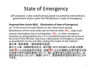 State of Emergency
LDP proposes a new constitutional power to authorize extraordinary
government action when the PM declares a state of emergency.
Proposed New Article 98(1) (Declaration of State of Emergency)
(1) “In the event of armed attacks on the nation from abroad,
disturbances of the social order due to internal strife, etc., large-scale
natural catastrophes due to earthquakes, etc., or other emergency
situations as designated by law, if it is considered especially necessary to
do so the Prime Minister may issue a declaration of emergency situation
as provided for by law and after putting the matter to the Cabinet.”
第九章 緊急事態 （緊急事態の宣言）
第九十八条 内閣総理大臣は、我が国に対する外部からの武力攻撃、
内乱等による社会秩序の混乱、地震等による大規模な自然災害その他
の法律で定める緊急事態において、特に必要があると認めるときは、法
律の定めるところにより、閣議にかけて、緊急事態の宣言を発することが
できる。
15
 