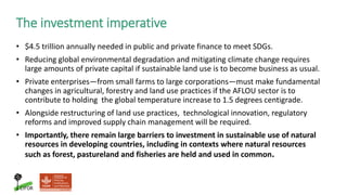 The investment imperative
• $4.5 trillion annually needed in public and private finance to meet SDGs.
• Reducing global en...