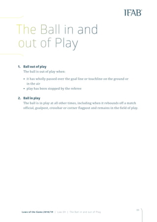 89
Laws of the Game 2018/19 | Law 09 | The Ball in and out of Play
1.	 Ball out of play
The ball is out of play when:
• it has wholly passed over the goal line or touchline on the ground or
in the air
• play has been stopped by the referee
2.	 Ball in play
The ball is in play at all other times, including when it rebounds off a match
official, goalpost, crossbar or corner flagpost and remains in the field of play.
The Ball in and
out of Play
 