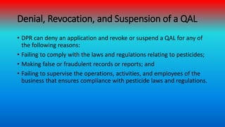 Denial, Revocation, and Suspension of a QAL
• DPR can deny an application and revoke or suspend a QAL for any of
the follo...
