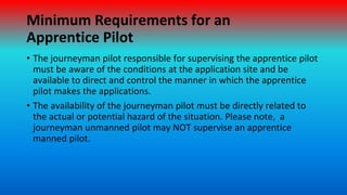 Minimum Requirements for an
Apprentice Pilot
• The journeyman pilot responsible for supervising the apprentice pilot
must ...