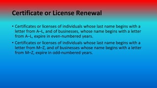 Certificate or License Renewal
• Certificates or licenses of individuals whose last name begins with a
letter from A–L, an...