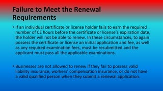 Failure to Meet the Renewal
Requirements
• If an individual certificate or license holder fails to earn the required
numbe...
