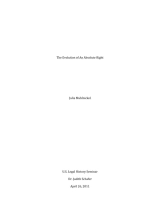 The Evolution of An Absolute Right<br />Julia Muhlnickel<br />U.S. Legal History Seminar<br />Dr. Judith Schafer<br />April 26, 2011<br />The Sixth Amendment to the United States Constitution states that, “In all criminal prosecutions, the accused shall enjoy the right to…have the Assistance of Counsel for his defense.” At first, the amendment was simply believed to mean that no accused person should be denied the right to an attorney. The development of the full, present-day meaning of this seemingly simple phrase began with the case of Powell v. Alabama in 1932 and continued until the landmark decision of Gideon v. Wainwright in 1963, with even more recent cases expanding the right to counsel. The outcomes of these cases and the Supreme Court opinions written about them were heavily linked to the general social attitude of the era; they highlight the ever-growing civil rights movement and trend away from the more conservative decisions of the early twentieth century.<br />In colonial America, the laws of England even refused counsel to persons standing trial for felonies; only those accused of misdemeanors were even allowed to have an attorney. This was because the English legal system did not consider it necessary for a defendant to have counsel; it was thought that in a criminal case, one had either committed the crime or had not committed the crime, and the defendant should simply tell his story. William Hawkins, in his A Treatise of the Pleas of the Crown, originally published in 1721, wrote that no attorneys were needed “unless some point of law arise proper to be debated.” In the 1730s, many more merchants were hiring lawyers for prosecution, in accordance with a growth in commerce. The use of attorneys for the defense was then allowed to increase, since that seemed fairer. However, in 1800, only one quarter to one third of defendants actually had lawyers. The Prisoner’s Counsel Act of 1836 was passed to allow the prisoner “to be properly defended by counsel,” but twelve of the fifteen judges in the Incorporated Law Society “strongly condemned this bill,” as they were still not in the agreement with the principle of the right to counsel. Even then, no provision was made for the poor to have appointed counsel until 1903, in the Poor Prisoner’s Defence Act.<br />The United States first defined the right to counsel in the Sixth Amendment, enacted in 1791, and subsequently the Fourteenth Amendment, which became law in 1868. The time it took to actually have these concepts enforced as we perceive them today, however, was astonishing. Powell v. Alabama was the first to bring the issue to national attention, and did not occur until 1932. A group of nine black male teenagers boarded a freight train in Chattanooga, Tennessee along with a separate group of white boys and two white girls, named Victoria Price and Ruby Bates. A fight broke out between the males, and eventually all but one white boy was thrown from the car. The black boys, who were stopped ahead at the town of Scottsboro, Alabama and would become known in history as the “Scottsboro Boys,” were charged not with assault but with rape of the two girls on board, at the accusation of Victoria Price. The most complete account of the first trial of the boys comes from a report written for the American Civil Liberties Union by Hollace Ransdell. She interviewed both Victoria and Ruby, who gave their ages as 21 and 17, respectively. The girls gave the story that the black boys had threatened everyone on the train with a pistol, and thrown off all the white boys except one. After that, six had raped Victoria and six had raped Ruby. These charges were not even mentioned until well after the girls were safely in custody, and Ransdell implies that the girls may have only accused the boys of rape after seeing the hysterical crowd that was ready to lynch the blacks. Ransdell also thought that Victoria was apt to act for attention in any way she could, and Ruby simply followed along because she did not know what else to do.<br />The lack of any plan of defense by the counsel given to the black boys is shocking. At their arraignment, the judge appointed the entire Scottsboro Bar Association to represent them, assuming someone would take responsibility. Steven Roddy, an attorney from Chattanooga, came to the courthouse to speak on the boys’ behalf but pleaded with the judge to not record his name as actual counsel for the boys. The judge did not want to have to appoint counsel if Roddy said he would help, but Roddy was unfamiliar with Alabama law and stated himself that he was unprepared for the case. Milo Moody, originally assigned to the case as part of the bar, said that he was willing to help Roddy. This entire event did not take place until immediately before the trials began, leaving no time to prepare. Both attorneys were then recorded as counsel for the defendants, but neither actually made an effort to act as counsel should. Courtroom witnesses said that Roddy did little to actually use the law for the boys’ benefit. Moody apparently worked even less than Roddy, while both attorneys agreed that it was acceptable for all nine boys to be tried together. The boys, varied in age from around fourteen to twenty, were separated into groups by the prosecution with no reason given. It is inferred, however, that the prosecution did not want any convictions thrown out because the boys were of such different ages and could have been viewed as having very different intentions, if they were found guilty.<br />The first trial was for the nineteen-year-old Clarence Norris and twenty-year-old Charlie Weems. Any evidence for conviction lay with the testimony of the prosecution’s primary witness, Victoria. She seemed to be playing the part of an actress, and did not show signs of psychological or emotional damage from rape, as one might expect to see in the trials of one’s alleged rapists. She could even be described as bubbly and excited to be able to entertain the court. She also gave “flip retorts” to the defense attorney Roddy. Unlike Victoria, Ruby was quiet and seemed to not want to tell the story. Officials called her a “weak witness” and public opinion deemed her too mentally slow for her testimony to be seriously considered. The only other eyewitness was the lone white boy left on the train, named Orvil Gilley. He did not come from a reputable family and also was not taken seriously, since he was seen as stupid. The other white boys who had been thrown off the train were not even called upon to testify, since no one thought it necessary to verify any events that happened before or during the fight. Two doctors who had examined Victoria and Ruby did take the stand. They said that both girls showed signs of recent intercourse, but not of any “rough handling” or resistance. Victoria did have one scratch and one or two small bruises, but none of these were serious and could have resulted from an incident other than with the defendants. The first trial was over before the end of the first day, and the jury left to deliberate. They returned a guilty verdict along with a sentence of death for both boys being tried. Over the next thirty-six hours, the second and third trials returned similar results. The second trial was for Olin Montgomery, 17, Andy Wright, 18, Eugene Williams, 17, Willie Robeson, 17, and Ozie Powell, 16. The only difference in this trial was the admission that Willie Robeson had venereal disease. This condition would have made it very painful for him to have intercourse, let alone rape a girl using brutal force. All these boys were once again sentenced with death. The third trial was for one boy, the fourteen-year-old Roy Wright. Still essentially a child, the prosecutors decided to ask for life in prison instead of the death penalty for him not because of his youth in itself, but because of the public opinion coming from other regions of the country. More northern areas would have seen a death sentence for someone so young as an abomination. Roy Wright’s trial had started later in the morning of the second day, April 9, because the jury’s decision in the second case had been given that morning before his trial. By two in the afternoon, the jury had decided that they could not come to a decision. Even though the prosecution had requested life imprisonment, eleven jurors had voted for the death penalty, and only one for prison. Judge A.E. Hawkins declared Wright’s ordeal a mistrial, and he would have to wait in the Birmingham jail for a second trial.<br />The controversy surrounding the events on the train near Scottsboro and the subsequent court case had the potential to grow into a national uproar. One of the representatives of the Communist Party who had attended the first series of trials recognized this possibility, and presented the case to the legal branch of the political party, the International Labor Defense. The primary purposes of the International Labor Defense were to oppose groups such as the Ku Klux Klan and also to promote itself through high-profile cases exactly like this one. One of the leaders of the group, Joseph Brodsky, hired George Chamlee as the attorney for the Scottsboro boys. Chamlee would be the primary attorney in the appeal to the Alabama Supreme Court. Before the appeal, however, the International Labor Defense had to defend its right to represent the boys to the National Association for the Advancement of Colored People. The NAACP had initially been hesitant to involve itself with the trials in case it became known that one or more of the boys was actually guilty, since rape by blacks of white women was seen as such a horrible crime in the South. After the International Labor Defense had already committed to the case, the NAACP wanted to also become involved. The boys, not having any prior knowledge of either group, remained committed to the International Labor Defense and the Communist Party. On June 22, 1931, the executions of all eight boys were stayed, since they had appealed to the Alabama Supreme Court. However, the court process took a long period of time and the appeal trial was not held until March of 1932. The Alabama Supreme Court, made up of justices who were elected by the residents of Alabama, voted six to one to uphold the lower court’s decisions on all but one of the boys. Chamlee was able to prove that this boy, Eugene Williams, was underage and so should have been tried as a juvenile, not an adult. He, like Roy Wright, returned to the jail in Birmingham to await another trial. The one dissenting justice on the Alabama Supreme Court was Chief Justice John C. Anderson, who made a point to strongly dissent. Unlike the other justices, Chief Justice Anderson believed that the boys had not received adequate counsel, had been paraded outside to incite public hatred, and had not received a jury of their peers. His opinion was not the majority, though, and the lower court’s decision was upheld.<br />In order to appeal to the United States Supreme Court, the International Labor Defense hired the well-known and successful attorney Walter Pollak. Pollak had to appeal to the Supreme Court using a writ of certiorari. The Rules of the Supreme Court state, “Review on a writ of certiorari is not a matter of right, but of judicial discretion.” The writ of certiorari cannot be used to dispute facts that were erroneous or misrepresented or to undo the misapplication of the law. It can only be used as a type of judicial review in which the Supreme Court can overturn or affirm the judgments of lower courts. Today, most appeals to the Supreme Court are through a writ of certiorari. The Supreme Court granted a writ of certiorari and agreed to hear the case of Powell v. Alabama on May 31, 1932. The briefs were presented on September 19, and a decision made in November. The argument given by Pollak was comprehensive, covering every issue that deprived the defendants of due process. For example, he argued that the crowd’s highly polarized opinion tainted the jury. The crowd was only encouraged by the Sheriff’s request that the National Guard protect the defendants on their journeys between the jail and the courthouse each day. Pollak then highlighted the actions of the trial judge, who, at the arraignment of the defendants a week before their trial, did “appoint all the members of the Scottsboro bar” to represent the boys. Pollak also cited the judge’s statement that he “anticipated them to continue to help them if no counsel appears.” Not only was this evasive and unfair, Pollak wrote, but it was also against Alabama law, which only allowed two attorneys for defendants. Between the arraignment and trial, none of the defendants were seen by any members of the Scottsboro bar nor were they allowed to contact any attorney of their own. They were also not allowed to have their parents find attorneys for them. Pollak then showed that, at the trial, the lawyers Roddy and Moody were unprepared and had not been given any chance to adequately create any sort of defense for the boys. Thirdly, the systematic exclusion of blacks from juries was not equal protection under the law. Essentially, Pollak showed that the defendants had not been given any semblance of a fair trial under federal or state law. The attorney for the State of Alabama, Attorney General Thomas E. Knight, essentially restated the opinion of the Alabama Supreme Court and denied that any due process had been withheld from the defendants.<br />Justice George Sutherland delivered the opinion of the U.S. Supreme Court. Six other justices shared his views, while Justices Pierce Butler and James Clark McReynolds dissented. Sutherland first explained which parts of the law would be addressed. The appeal was for a review of whether or not the trial court had granted the defendants due process in accordance with the Fourteenth Amendment. While there were questions regarding whether the trial was fair and whether the jury selection had systematically excluded blacks, the court would only rule on whether or not the boys were denied the right to counsel. Sutherland reviewed the events leading up to the charges, and affirmed, “The attitude of the community [Scottsboro] was one of great hostility.” Sutherland also made it clear that the defendants were youthful and separated from their families, who were all in other states. Upon officially being charged with rape, the defendants were not asked whether they already had, were able to obtain, or had family who could obtain counsel. They also were not asked if they needed counsel appointed. Sutherland, as well as Alabama Supreme Court Chief Justice Anderson, recognized that the trial was hastened and counsel for the boys sent by their families appeared shortly after the trial, showing that a “fair opportunity to secure counsel” was not given to the boys. A transcript from the day of the trial is quoted in Sutherland’s opinion, showing that the attorneys Roddy and Moody were not interested in serving as primary counsel for the boys, but that the trial judge casually made them official counsel. Sutherland criticized the naming of all the members of the Scottsboro bar as counsel before the day of trial, since it would not instill any sense of responsibility in any individual who was a member of the bar. He even said, “And in this casual fashion the matter of counsel in a capital case was disposed of.” Additionally, it was wrong that during the week between the arraignment and trials, which is the time most important to investigation and preparation of a defense, the boys did not have any attorney. The right to an attorney during this time was proven just as important as having an attorney during the trial, decided in the cases of People ex rel. Burgess v. Riseley and Batchelor v. State. As soon the judge appointed Roddy and Moody as counsel, though, he rushed the trial to begin and did not give an opportunity for any sort of investigation by the counsel. Sutherland then began what would define the right to counsel more specifically. He stated that the United States Supreme Court could not interfere with the Alabama Supreme Court’s decision, since that court had decided that the Alabama state law requiring courts to appoint counsel had not been broken. However, Sutherland further stated, “The question…is whether the denial of the assistance of counsel contravenes the due process clause of the Fourteenth Amendment to the Federal Constitution.” Sutherland reverted to the practice in England at the time the United States Constitution was ratified, saying that there was no right to counsel in felony cases. However, twelve of the thirteen original colonies had laws in their original constitutions expressly stating that defendants in all criminal cases had the right to counsel, so the laws of England were no longer pertinent. Sutherland also established that the Sixth Amendment guaranteed the right to have the assistance of counsel, but this right was further included under the due process clause of the Fourteenth Amendment. In the case Twining v. New Jersey, the Supreme Court decided that although there were rights that are protected in the first eight constitutional amendments, when these rights were violated it was actually a violation of due process of law, which is affirmed in the Fourteenth Amendment. The court also asserted that a hearing must include the right to counsel, if provided by the defendant, for “the right to be heard would be, in many cases, of little avail if it did not comprehend the right to be heard by counsel.” Without someone trained in the application of the laws, even an intelligent defendant could not adequately prepare a legal defense for himself. The question then became whether or not a state was required to provide adequate counsel to the defendant. The answer was determined to be yes. Sutherland found denial of due process in two parts of the case. Firstly, the refusal of the trial court to allow the defendants enough opportunity to secure counsel and communicate with their family in other states was a denial of due process. The defendants were all young, illiterate, imprisoned and surrounded by the National Guard, and knew no one in the state. They were also surrounded by residents of a town that was incredibly hostile towards them. Not giving these nearly helpless boys a chance to find an attorney literally denied them the chance to defend themselves. Secondly, the Supreme Court found that even if the opportunity to hire counsel had been given, due process of law was also denied when the trial court did not “make an effective appointment of counsel” for the boys. Sutherland then clearly stated that it was absolutely required for the trial judge to appoint an attorney for a defendant who could not obtain one. This would vary by each state’s individual laws as to whether counsel was required in only capital cases or simply all criminal cases. The decisions of the trial courts and Alabama Supreme Court were then reversed.<br />Justices Butler and McReynolds disagreed with the majority decision. Butler wrote their opinion, saying that the court’s decision was “utterly without merit.” Butler agreed that if the defendants had been denied the right to counsel, it would have clearly been a denial of due process. However, he argued that there was not a denial of the right to counsel. Butler cited the rulings from the Alabama Supreme Court, where the chief justice did not believe that the lack of counsel was enough to overturn the lower court’s rulings but the total considerations altogether were sufficient for a reversal. Butler also quoted that the Alabama Supreme Court believed Moody to be an experienced, successful local attorney. Butler said that several factors showed that the defendants did have adequate counsel. For example, at the original trials Moody and Roddy asked for a change of venue and had witnesses to support their request. They also were prepared to show that Roy Wright and Eugene Williams were juveniles. Butler said that there was nothing the two attorneys “erroneously did or omitted for their defense.” They also did not request postponement of the trial, which would have shown that they were not yet prepared. Since they did not, they must have already been prepared. Butler also did not agree with the somewhat extravagant decision that a denial of due process was an infringement on the Fourteenth Amendment, because this constituted a federal interference with something that was a matter of the states. Butler interpreted the right to counsel in a very formal way, and believed that officially appointing a lawyer as counsel was enough to show that the defendants did indeed have adequate counsel.<br />There is no doubt that the people of Alabama influenced how the original trials turned out. Media coverage showed the fiery attitude from the very beginning. The first articles appeared on the night of arrest, March 25, 1931. The article sent to the nation from Huntsville, Alabama wrote that mobs were ready to lynch the nine boys that night, so the governor ordered the militia to the prison to protect them. The sheriff who asked for the troops said that the mob around the prison was consisted of three hundred people. Another article from December 1931, after the boys were sentenced to death and were awaiting an appeal, noted that the Governor of Alabama, Benjamin Miller, had received protests of the unfair sentencing from “England, Germany, France, Switzerland, Canada, Cuba, several South American countries and many places in this country.” At the same time, African American newspapers showed public opposition to the injustice of the trials. Articles on the Scottsboro case appeared frequently on the front pages of Southern papers organized by African Americans. An especially informative article from Kansas’s Negro Star newspaper anticipated the decision of the Alabama Supreme Court and says that Chamlee, the attorney appointed by the International Labor Defense, was already preparing for a Supreme Court case. The article talked about “mass protest” occurring all over the United States and even in Europe, especially in cities where the Negro population was high. Seventy-four Negro organizations in Chicago even held a “Scottsboro Parade” as a rally of support for the boys.<br />What happened to the Scottsboro boys after their victory in the Supreme Court? They did not lead lives of happiness, and most were troubled for the rest of their days. A series of retrials occurred in Alabama from 1933 to 1937, which did not clear the names of all of the boys. They were all separated from that time on. Haywood Patterson endured three more guilty convictions with death sentences, before a fourth trial gave him seventy-five years in prison. He escaped prison twice, once for five days and once for three years. In 1950, he killed a man in a fight in a bar and was eventually convicted of manslaughter. He died of cancer in prison in 1952. Charles Weems was convicted in his retrial in 1937, but was let out on parole in 1943 after he endured beatings, tear-gassing, and a stabbing in prison. Clarence Norris was also convicted in a retrial, which went to the Supreme Court in the case of Norris v. Alabama because blacks were systematically excluded from his jury, which was then deemed unconstitutional. Norris was eventually sentenced to death, but the governor reduced his punishment to life imprisonment. He was released on parole, but moved to New York in violation of the parole and was caught. Three years later he was again released and moved to New York, and was aided by the NAACP in a successful request for pardon. Norris lived the longest of any of the boys, and died in 1989. Andy Wright, chronically depressed inside prison walls, was in and out of prisons until 1950. Eugene Williams, the second youngest boy, had all charges dropped in 1937 because he was so young at the time the alleged rapes occurred. Ozie Powell tried to slash the throat of a sheriff who was transporting him from testifying in Haywood Patterson’s 1936 trial and was shot in the head by the sheriff as he held his hands in the air in the sign of surrender – but he lived. He refused to speak to the governor to be paroled in 1938, and was eventually released in 1946. Olen Montgomery, who aspired to be a jazz musician after his release in 1937, became an alcoholic who could not hold a job and lived the rest of his life in Georgia. Willie Roberson suffered from asthma and syphilis while in jail and could not walk without a cane. He was finally released in 1937, innocent of all charges. Charges were also dropped against the young Roy Wright in 1937, who often wrote to his mother how much he missed her. He was kept in jail from the original trial until 1937 without any retrial. After release, Wright served in the military and married. However, he believed his wife was having an affair and killed her just before killing himself. Even after the Supreme Court overturned the original trials, none of the Scottsboro boys were freed before having spent six entire years in jail. <br />While by no means could it be said that the decision of the Supreme Court to reverse the original trials of the Scottsboro boys ensured them happy lives, the case of Betts v. Brady is an example of how the rights we take for granted today were not always given freely. Although the case was not covered widely and was not seen as a landmark decision, it was mostly notable for its reversal in the Gideon v. Wainwright decision. Nevertheless, it is worth discussing, because the points made in the decisions written by Supreme Court justices were a prime picture of societal thought at the time.<br />Smith Betts was a poor farm worker convicted of robbery in Maryland in 1939. He requested that the court appoint an attorney for him because he could not afford one, but the state laws of Maryland only allowed the court to provide an attorney in capital cases. Betts then represented himself in the Circuit Court for Carroll County, Maryland. He waived his right to trial by jury, electing to have his verdict decided by a single judge. The judge found Betts guilty and sentenced him to eight years in prison. Just over two years later, in June 1941, Betts filed for a writ of habeas corpus. After presenting his case, though, the judge reaffirmed Betts’s sentence. In August, Betts filed for the writ of habeas corpus once again, and Judge Carroll T. Bond was assigned to hear his argument. However, Judge Bond refused to release Betts. On January 3, 1942, Betts filed a petition for a writ of certiorari to the United States Supreme Court, which the court accepted on February 16. The case was argued in April and decided on June 1.<br />Jesse Slingluff, counsel for Betts, argued three distinct points. First, the Supreme Court had the right to review the case because the highest court in Maryland had already passed judgment. Second, Betts had gone through all appeals possible in the state of Maryland. Last, and most important, Slingluff held that the Fourteenth Amendment guaranteed the right for all indigent persons in a criminal trial to be appointed an attorney in state courts. The most debatable point of the trial was not whether or not Betts had been denied appointed counsel, for he indeed had. However, whether or not the Fourteenth Amendment required states to appoint counsel for all criminal defendants was the question. Slingluff argued that while the Sixth Amendment guaranteed the right to counsel in federal courts, it was through the Fourteenth Amendment that this right was given to defendants in state courts. In the decision of Johnson v. Zerbst, the Supreme Court had made mandatory the appointment of an attorney for all criminal defendants in federal courts. The case of Powell v. Alabama held that defendants accused of crimes punishable by death in state courts should also have an attorney appointed. Slingluff considered the guarantee of a free attorney for indigents a fundamental right “guaranteed by the due process clause of the Fourteenth Amendment.” Since many of the other rights guaranteed by the federal government in the Bill of Rights were transferable to the states in the Fourteenth Amendment, Slingluff was requiring the justices of the Supreme Court to make the assumption that the Sixth Amendment right to counsel should also be transferred. This was not a small technical detail, he argued, but a fundamental humane right. Justice Sutherland even described this fundamental right in Powell v. Alabama when he wrote, “The right to be heard would be, in many cases, of little avail if it did not comprehend the right to be heard by counsel…Without it, thought he be not guilty, he faces the danger of conviction because he does not know how to establish his innocence.” Because the court failed to appoint counsel for Betts, Slingluff then argued that the conviction was illegal.<br />The argument for the petitioner rested entirely on the question of whether or not the Sixth Amendment right to counsel in federal courts was transferable through the Fourteenth Amendment to all criminal defendants in state courts. The statement made by Attorney General for Maryland William C. Walsh argued that it was not. Walsh understood that the brief for the petitioner argued that the appointment of an attorney was a violation of due process because a trial could never be deemed fair and just without the appointment. However, he relied on a formal interpretation of the law, basing his argument on the fact that the Supreme Court had not yet decided a case from the state courts on whether or not an appointment of counsel should be made in non-capital cases. No legal decision, then, had ever been made on whether the Fourteenth Amendment required courts to appoint counsel for poor defendants. Powell v. Alabama, although a trial in state courts, only applied to capital cases. In the Supreme Court decision, it was specifically stated that this mandate would only apply to capital cases, and at that time the court would not create rules for any other type of case. Johnson v. Zerbst, although it included defendants in non-capital cases, only required the appointment of counsel in federal courts. Walsh contended that if the Supreme Court had wanted to make appointment of counsel necessary in all criminal cases, federal or state, it would have done so in a previous case. There was no legal basis for overturning a conviction based on the fact that the court had simply omitted appointing counsel. The fact that there was no counsel appointed was not enough to call Betts’s trial unfair, Walsh believed.<br />The majority of the court agreed with Walsh. The vote was 6-3 in favor of upholding the Maryland courts’ decision. Justice Owen Roberts delivered the opinion. He wrote that the Sixth Amendment right to counsel was guaranteed in federal courts, but the lack of appointed counsel in a state court was a violation of the Fourteenth Amendment if it was in connection with other elements that also violated due process. Interestingly, he did not use the words “only if,” because he believed that the application of the Sixth Amendment in state courts was “less a matter of rule.” Essentially, Roberts meant that a denial of appointed counsel could be both a denial of due process by itself or in conjunction with other injustices. In one case, the events may constitute a violation of due process, while in a case with different circumstances, those same events may not constitute a violation. Roberts did not wish to “impose” an obligatory rule upon the states. He reviewed the history of the right to counsel in the colonies and then in the states, and came to the conclusion that the statutes giving the right to an attorney in the states were simply an objection to any rule that was a denial of representation, not a steadfast law that an appointment of a lawyer must be made. The concept behind due process was not a right to have an attorney no matter who paid for it, and supposedly had never been thought of in that way in the United States. Roberts wrote that the right to have counsel appointed should be considered on a case-by-case basis, and since Betts was an average man with “ordinary intelligence,” he was at no disadvantage without a lawyer in court. Roberts refused to allow the absolute right to appointed counsel in all criminal cases, because he believed it would impose a belief of the federal government upon the states. He even lightly compared Betts’ criminal sentence to a traffic violation, not wanting to require the states to provide counsel in such small, petty cases.<br />Justice Hugo Black, his opinion representing all three dissenters, refused to take the concept of personal rights so lightly. He did not go into detail regarding the several reasons why, but he believed firmly “that the Fourteenth Amendment made the sixth applicable to the states.” Black found contradictory that the Supreme Court had just said a trial is unfair if it was “shocking to the universal sense of justice,” while the Supreme Court had said in Palko v. Connecticut that whatever is “implicit in the concept of ordered liberty” and “essential to the substance of a hearing” is part of the right to due process. Black concluded with what he believed was the consequence of the Supreme Court’s decision. Not only would the decision affect Betts’s life, but also people in poverty. The poor who could not afford a lawyer would have an increased chance of conviction, because they would not be able to defend themselves properly. In a wise and socially progressive statement, Black wrote, “Any other practice seems to me to defeat the promise of our democratic society to provide equal justice under the law.” The case of Betts v. Brady failed to attract much attention from the media, but it remained an example of the friction between conservative and progressive groups in the twentieth century. It marks a setback that would later be overturned in the development of absolute personal rights.<br />Clarence Earl Gideon, like Betts, was arrested for simple robbery. On June 3, 1961, a robbery occurred at the Bay Harbor Poolroom in Panama City, Florida. The burglar broke a window to get in, and also destroyed a jukebox and cigarette vending machine to take the money from them. The act had taken place while the poolroom was closed sometime between midnight and eight in the morning. Gideon was found nearby and arrested by police after a supposed witness said that he had seen Gideon in the poolroom at five thirty that morning. Gideon was immediately charged with breaking and entering. At his arraignment, Gideon “requested permission to consult counsel,” but it was not apparent in the records whether or not he actually had counsel at that time. At the beginning of his trial, Gideon said that he was not prepared because he had no attorney, and asked for one to be appointed. The court granted that Gideon had no means of paying for an attorney, but the judge refused to appoint one. His reason was that in the state of Florida, “the only time the Court can appoint Counsel to represent a defendant is when that person is charged with a capital offense.” The judge’s statement did not even leave room for the case-by-case determinations encouraged by Betts v. Brady. The trial continued and Gideon had to represent himself. He did his best, but was found guilty and sentenced to five years in prison. By October, Gideon submitted a petition for a writ of habeas corpus to the Florida Supreme Court. Handwritten on prison stationary, Gideon stated his case and never made any reference to a condition that would render him unable to defend himself. His petition said that due to Supreme Court decisions, all defendants charged with a felony were entitled to a lawyer. When the petition was denied without a hearing or opinion, Gideon appealed to the U.S. Supreme Court. Gideon requested both to continue in forma pauperis and for a writ of certiorari. The Latin term in forma pauperis simply means to allow a person in poverty to continue a case in court without responsibility for the court costs. The Supreme Court accepted the two requests and assigned Abe Fortas, a prominent lawyer from Washington, D.C., to represent Gideon. Fortas was instrumental in writing a thirty-page brief for the Supreme Court in which he contended that Betts v. Brady should be overturned and Gideon’s sentence reversed.<br />Fortas’s brief was so complete in its argument that it left no room for the question of whether or not it was a fundamental right to have counsel. First he reviewed the facts of the case, which were all clearly defined. Gideon was an indigent, could not afford counsel, and was denied counsel when he requested it. The key points in Fortas’s argument were that defendants could not effectively defend themselves, that the poor are likely unable to make bail and so sit in jail without means to prepare a defense, and to deny the poor the right to counsel while it is guaranteed for the wealthy who could afford it is a denial of equal protection under the law. Fortas believed that the relationship between federal and state courts had suffered due to the decision of Betts v. Brady and the supervisory role into which it forced the federal court. The progression of social issues in the twenty years since Betts v. Brady, he said, required its overrule. Quoting the 1956 case of Griffin v. Illinois, Fortas said, “Due process is, perhaps, the least frozen concept of our law – the least confined to history and the most absorptive of powerful social standards of a progressive society.” The concept of fairness for all under the law was dynamic and the public was constantly accepting a more inclusive interpretation. Fortas then turned his attention to the fundamental right to fairness in court. He reasoned that there was no means possible for a man untrained in the law to successfully take in, analyze, and react to the many different situations presented in the courtroom. He would not be able to know whether or not certain events, such as his arrest or interrogation, were legally carried out, or even if he could recognize that they were unlawful, he would not know how to object to them. He could not fill out any preliminary motions or fairly reason with a prosecuting attorney for a plea. In addition, a knowledgeable attorney would never represent himself due to his emotions affecting his ability to competently argue in court. A man untrained should never be expected to represent himself, then. A man who cannot afford counsel also probably cannot afford bail, and would not be able to prepare a defense in any way from his cell. Fortas cited Justice Sutherland’s opinion in Powell v. Alabama to show the necessity of counsel to a fair trial, as well as the writings of Illinois Supreme Court Justice Walter Schaefer, saying, “Of all the rights that an accused person has, the right to be represented by counsel is by far the most pervasive, for it affects his ability to assert any other rights he may have.” A defendant inexperienced in the law would not know of certain specific rights or how to use those rights in court without an attorney. The question then turned to whether or not the absolute mandate that defendants be supplied with an attorney in federal courts meant that defendants in all state cases should have access to an attorney. In Johnson v. Zerbst, the Supreme Court decided that an attorney was inherently necessary for a fair trial. Justice Black wrote in that case that it was especially unfair when the prosecution should have “experienced and learned Counsel” and the defendant was inexperienced and representing himself. The justice system in the United States was considered accusatorial, meaning that both sides of the case had to be “vigorously advocated,” said Fortas. To provide the prosecution with highly experienced and well-trained lawyers while the defendant did not have any counsel at all is a true violation of human rights. Recognizing this in federal courts but ignoring it in state courts should also be a violation of human rights. Also, the trial judge in the case should not be seen as backup defense counsel. His primary job was to ensure the legality and justice of the trial, not to act as a biased source of aid for the defendant. Fortas also pointed out that a judge enters the trial too late to be of much help to the defendant. Too many important decisions and statements must be prepared before the trial, and a judge should not be involved in that part of the defense. Therefore, it cannot be contended that a trial judge can act as a replacement for appointed counsel. Another aspect of the current practices regarding the right to counsel that Fortas criticized was the distinction between capital and non-capital cases in state courts. This division, he argued, was not valid. The Supreme Court had eliminated this separation in federal courts, and it was directly relevant to Gideon’s case. The Fourteenth Amendment right to due process included the rights to life, liberty, and property, not simply life. Liberty taken away while in prison was invaluable in a person’s life, and some would argue that life in prison was a worse punishment than the death penalty. The possibility of a case ending in capital punishment did not give any indication to the necessity of counsel, for many non-capital cases could encompass situations that were much more complicated than some capital cases. The Supreme Court itself had eliminated the need for separation between capital and non-capital cases in Ferguson v. Georgia. The decision of the court was, “The command of the Fourteenth Amendment also applies in the case of an accused tried for a non-capital offense,” showing that the possibility of the death penalty should not affect one’s right to due process under the Fourteenth Amendment. Fortas also agreed with what Justice Black had said in his dissenting opinion of Betts v. Brady. The system was flawed in that it guaranteed an attorney to the wealthy, but refused the same guarantee to the poor. This process violated due process and equal protection under the law, resulting in a higher incidence of conviction for the poor, as well as their higher likeliness to plead guilty due to the seemed hopelessness of their situation.<br />Fortas also specifically argued for the overrule of Betts v. Brady, a question which the Supreme Court, in its acceptance of Gideon’s petition, had asked be addressed by both the petitioner and respondent. While a survey of the states which had laws requiring the appointment of counsel for all felony defendants should not be considered a valid claim by itself, as a refute of Betts v. Brady, it was valid. Part of the reason the Supreme Court upheld the lower courts’ decision in Betts v. Brady was because the general consensus from a review of state laws was that counsel was not necessary in all criminal cases. Therefore, by showing that all but five states now required counsel for indigent defendants in all felony cases, Fortas was able to undermine one of the bases of Betts v. Brady. Also, the decision of Betts v. Brady was creating very serious friction between the state and federal courts. Some people argued that if the federal government had the right to require states to provide defendants with attorneys, it was proof that the federal government was too powerful. Fortas argued that this was not a valid reason, for the “special circumstances” test created by Betts v. Brady required the Supreme Court to interfere whenever a defendant believed he had special circumstances for an attorney and had still been denied. It required the federal court to have a supervisory attitude, and a repeal of Betts v. Brady would only smooth the relationship between the federal and state courts. Additionally, both the Supreme Court and the state courts tended to contradict themselves when deciding matters of special circumstances. For example, in the case of Gayes v. New York, the decision was not overturned even though the defendant was sixteen years old, while in DeMeerleer v. Michigan, the case was reversed because the defendant was only seventeen. Another problem with the test for “special circumstances” was that it was required to occur post facto, or after the original trial. The convicted defendant would have to file for a writ of habeas corpus after being convicted and wait in prison while his petition was read. The delay could result in the defendant serving his entire sentence in prison while waiting, or, if his petition was accepted and his case reversed for a new trial, witnesses could have died or forgotten the events, or records could be lost. Receiving a fair second trial years after the first trial was not probable. For the many reasons Fortas described in his brief, he argued that the overrule of Betts v. Brady and the reversal of Gideon’s earlier conviction were necessary.<br />Like the Supreme Court in its decision of Betts v. Brady, Assistant Attorney General of Florida Bruce R. Jacob interpreted the Fourteenth Amendment very formally, relying on an outdated and conservative outlook on criminal procedure. Jacob alleged that Gideon was intelligent enough to defend himself in court, his case did not warrant habeas corpus relief, and there was no basis whatsoever to require states to appoint counsel for indigents. He also believed that a federal requirement such as the one requested by the petitioner would impose on states’ rights and that the “special circumstances” or “fairness of trial” rule was completely adequate. Jacob even said that the convicts who may be released if Betts v. Brady was overturned would be a danger to society. Jacob spent the first seven pages of his detailed argument specifying that Gideon was given a fair trial. He seemed to think that the fact that Gideon did not have any special circumstances that might require counsel under the Betts v. Brady ruling eliminated the need for judicial review, and therefore for any appeal Gideon might make. Gideon was a white male of age fifty and average intelligence, facing a so-called “uncomplicated” charge of breaking and entering. However, the fact that Jacob spends paragraphs in his brief explaining the difference between breaking and entering with or without intent clearly shows that the matter is naturally complicated. In his explanation of the charge he also cites five separate cases from Florida courts that further specify definitions of the crime of breaking and entering. It is unthinkable to ask Gideon, with no knowledge of these cases or legal vocabulary, let alone the legal process, to defend himself against the charge of breaking and entering. Jacob also writes that Gideon was competent to defend himself since he was able to cross examine witnesses and give a closing argument. However, Gideon’s cross-examinations were not complete, as he was unable to phrase the correct line of questioning that would prove his innocence. He also tried to imply that he could not have committed the crime with intent to do so, since he was intoxicated, but did not know how to say this without incriminating himself. Jacob uses these examples as testimony to Gideon’s competence in defending himself, but in another light they actually show the shortcomings of not having appointed counsel.<br />In Jacob’s discussion of whether or not Betts v. Brady should be overturned, he reverts to historical practice as his answer. Originally, English courts did not allow lawyers in felony cases, but began allowing them in 1836. Of the thirteen original colonies at the time the Bill of Rights was ratified, only one had any rules for the appointment of counsel in non-capital cases. The view at this time was that the laws giving the right to counsel were to “do away with the rules which denied representation,” but they were not seen as requiring that counsel be appointed for those who could not afford it. Before the ratification of the Bill of Rights, Congress also passed a law that defendants in capital cases should be allowed to have counsel appointed. Jacob interpreted this as meaning that in cases that were non-capital, no counsel should be appointed. In Johnson v. Zerbst, the Supreme Court extended the assignment of counsel to non-capital defendants in state courts, but Jacob portrayed this negatively, implying that it was a simple exercise of the federal government’s power. He also called Johnson v. Zerbst a “radical change” just a few sentences after asserting that the federal government had a tradition of appointing counsel in all federal criminal cases. In a stagnant society, this 1938 case may be called radical, but in the United States, progressiveness was popular, and Johnson v. Zerbst took place a full six years after Powell v. Alabama’s ruling. Still, Jacob thought that the assignments of attorneys were “not required by the constitutional provisions and have never been supposed to be.” He also refuted the idea that the Fourteenth Amendment was a general application of the Bill of Rights to state governments, because the Bill of Rights, at its conception, was only intended to limit the federal government. The state should be allowed to determine its own criminal procedure and the federal government only be involved if the trial could be considered wholly unjust, shocking to our opinion of fairness. Jacob thought that creating a federal rule on the appointment of counsel would “introduce extraordinary confusion and uncertainty into local criminal procedure.” There is no doubt he believed Betts v. Brady caused no confusion at all. In fact, he said that Betts v. Brady and the decision to use the “fair trial” test to determine whether or not the absence of counsel impacted the fairness of a trial was a good system. He quoted the 1909 case of Moyer v. Peabody, which said that due process was dependent on circumstances. In conclusion he noted that a denial of due process could not be defined by any mechanical formula, and having an attorney was only one facet of due process. The ability to determine denial of due process case by case was descended from common law, and Jacob contended that opponents of the case-by-case determination were opponents of common law. Determining whether a trial was unfair based on a denial of due process was “a clear, consistent and operable standard,” no matter how many complicated cases had to be appealed to the Supreme Court because of it. Like Justice Roberts in the majority opinion in Betts v. Brady, Jacob likened serious felony trials to those of misdemeanors. He saw no end to the mandates, saying that to require states to provide attorneys in felony trials would “logically have to apply in civil cases as well as criminal cases.” With this overwhelming new demand for attorneys, the poor would be forced into having inadequate representation, which would only lead to another debate on representation. Jacob also claimed that if Betts v. Brady were overruled, thousands of Florida convicts alone would have to be set free, and these “hardened criminals” were a danger to society. If the court did decide to overrule, he asked that the decision not be retroactive, so as to keep these dangerous criminals in prison. In short, Jacob’s argument was the best he could do, the best representation of conservatism at the period. However, he was not aligned with the forty-five states who provided counsel for all felony defendants, or with the Supreme Court justices who would vote against his ideas.<br />The Supreme Court also took into consideration the amicus curiae submitted by the American Civil Liberties Union, as well as separate amici curiae submitted by twenty-four states. Amicus curiae is literally defined to mean a friend of the court. A party who is not formally a part of the case but has an interest in it may petition for amicus curiae, or may be invited to submit such a brief. In this case, the American Civil Liberties Union argued that the right to counsel was fundamental and guaranteed by the Constitution, which a brief submitted by a coalition of twenty-two states also supported. The Attorney General for the state of Oregon submitted a separate brief not to support the application of the Sixth Amendment to state courts, but to present information that they believed would aid in the court’s decision. The brief summarized the results of Oregon’s 1959 Post-Conviction Relief Act, which required court-appointed counsel for all felony defendants who could not afford a lawyer. The program cost the state an estimated $100,000 per year. In another argument, the state of Alabama asserted that the Bill of Rights was only designed to apply to the federal government, and it was an infringement upon the rights of the states to force the Bill of Rights upon them.<br />Despite opposition from a minority of states, the vote of the Supreme Court to reverse the lower court’s decision in Gideon v. Wainwright was unanimous. Justice Black, who had so strongly dissented twenty years earlier in Betts v. Brady, wrote the regular opinion for the court. Three of the nine Supreme Court justices would write their own opinions, but all agreed that the right to counsel was present and applied to state courts in the Fourteenth Amendment. Black first commented on the many similarities between the facts of Betts and Gideon’s cases. Because the events were so similar, there would be no way for the court to reverse the lower court’s decision in Gideon v. Wainwright without also overturning the Supreme Court decision in Betts v. Brady. In Betts v. Brady, the decision had said that the “appointment of counsel is not a fundamental right, essential to a fair trial.” If it had been determined then that counsel was a fundamental right and necessary for a fair trial, the decision would have mandated appointment of counsel for all criminal defendants in state courts. Black found that the historical basis upon which the court had decided Betts v. Brady should have resulted in the equal protection of rights set out in the Bill of Rights in both the federal and state governments. The Supreme Court, however, had not voted that way, so in the Gideon v. Wainwright opinion, Black had to clearly state that the Sixth Amendment right to counsel, interpreted as the right to have counsel assigned if you could not pay for an attorney, was a fundamental right without which a defendant could not be afforded a fair trial. This had been more subtly stated in Powell v. Alabama, but ignored in Betts v. Brady. Black believed that Betts v. Brady had been “an abrupt break with [the Supreme Court’s] own well-considered precedents.” In overturning the 1942 decision, the Supreme Court was then restoring justice to criminal trials. When governments spent enormous sums to prosecute and wealthy defendants hired the best attorneys they could find for their own trials, it would be unjust to deny that the right to counsel was a necessity. Justice William Douglas agreed, but elaborated on the history of the relationship between the Bill of Rights and the Fourteenth Amendment in his opinion. He essentially stated that while several justices have supported the Fourteenth Amendment as a full transfer of the Bill of Rights to the states, others have believed that the Fourteenth Amendment was only “a lesser version” of those rights. That theory, though, was outdated and as of Gideon v. Wainwright, the Bill of Rights should be wholly present in the Fourteenth Amendment applied to states. Justice Tom Clark also elaborated on the court’s decision, but in regards to the separation of capital and non-capital cases. Only in Betts v. Brady was the distinction made between capital and non-capital cases, and the court’s decision in Gideon v. Wainwright simply functioned to erase that divide. The idea that life was more valuable than liberty was not accepted by all, and could not serve as the basis for a just trial. Justice John Marshall Harlan II in his opinion agreed that Betts v. Brady should be overruled, but believed “it entitled to a more respectful burial than has been accorded.” Harlan pointed out the vast attention given to “the ignorance and illiteracy of the defendants [in Powell v. Alabama], their youth, the circumstances of public hostility…and above all that they stood in deadly peril of their lives” by the Supreme Court, and judged that this was not an “afterthought” by the court. They were considered important, and the decision in Betts v. Brady only conceded that these circumstances could exist and should be taken into account when they did exist. He believed, unlike Black, that the decision in Betts v. Brady was a continuation of earlier court precedents. However, since Betts v. Brady, public opinion as well as the opinion of the government had changed, and the change was seen in the decisions made by the Supreme Court. Gideon v. Wainwright, then, was a clearly defined extension of the recent decisions made by the Supreme Court.<br />A study of newspapers from the year following the Supreme Court decision shows a general agreement with the theory of the fundamental right to have counsel appointed, but concerns on how the new ruling would be practically implemented. In Tallahassee, Florida, the number of inmates in prisons was decreasing, not because any prisoner had yet been released due to Gideon v. Wainwright, but because courts were proceeding slowly and cautiously in all felony cases. After the creation of public defender systems in the following few months, however, the number was expected to go up as cases were more easily pushed through the system. In addition, two thousand of the convicts in Florida prisons were in the process of appealing their sentences through Gideon v. Wainwright. The Baltimore Sun called the period before Gideon v. Wainwright “the callous olden day,” which was interesting, because Maryland was the state that had denied Betts counsel twenty years earlier. The article went on to wholeheartedly support the court’s decision in Gideon v. Wainwright and also supported the Senate Bill 1037, which set up a federal system of public defenders. The National Legal Aid and Defender Association concentrated on improving this system in their annual conference in October 1963. Gideon v. Wainwright had “wreaked havoc” on the court system, which had to quickly set up public defender offices in places where they had not previously existed, such as in eleven of the sixteen circuit districts of Florida. With a generous $2.3 million donation from the Ford Foundation, the National Legal Aid and Defender Association set up new training clinics with fifty universities and colleges and opened new offices. However, a study conducted by the American Bar Association an entire year after Gideon v. Wainwright found that the public defender system was quite lacking. The lawyers assigned to defendants in poverty were inexperienced and “no match for prosecuting attorneys.” The attorneys were often paid little or nothing for their work, simply asked to volunteer for the job. The study found that most people thought the current system was unfair to both the attorneys and the defendants. In addition, consistency needed to be honed from state to state, and many states needed much work to be able to say they provided adequate counsel to their poorer defendants.<br />At first, the idea that a judge could refuse to appoint counsel for someone who could not afford a lawyer seemed absurd, unfair, and ancient. Through analysis of the ideas and arguments associated with the cases that led to this liberty, the progression can be better understood. It highlights how greatly social ideas can change and how our legal system can adapt to them. It parallels segregation in schools, another landmark overruling of an earlier decision. Time will only tell if these cases will also parallel the issues of gay marriage, illegal immigration, or other topics that seem to not yet have a firm legal definition.<br />Bibliography <br />Atlanta Daily World. “Says Defense of Penniless Felons Lowers Jail Quota.” July 26, 1963. ProQuest Historical Newspapers.<br />“Gideon v. Wainwright: Background Summary and Questions.” The Supreme Court Historical Society. Accessed April 2, 2011. http://www.streetlaw.org//en/‌Page.Landmark.Gideon.background.three.aspx.<br />Greene, Logan. “Betts v. Brady: Hugo Black’s Forgotten Dissent.” Master’s thesis, University of Montevallo, 2006. http://www.uga.edu/‌juro/‌2006/‌greene.pdf.<br />Hawkins, William, and John Curwood. A Treatise of the Pleas of the Crown. London: C. Roworth, 1824. Accessed March 23, 2011. http://books.google.com/‌books?id=b5c0AAAAIAAJ&pg=PP7#v=onepage&q&f=false.<br />“In forma pauperis.” Legal Information Institute. Accessed April 2, 2011. http://topics.law.cornell.edu/‌wex/‌in_forma_pauperis.<br />Ives, C.P. “The Right to Counsel.” Baltimore Sun, August 19, 1963. ProQuest Historical Newspapers.<br />Law Notes. Northport: Edward Thompson Company, 1901. Accessed March 23, 2011. http://books.google.com/‌books?id=WXwqAAAAYAAJ&lpg=PA157&ots=v-ohThAil3&dq=prisoners%20defence%20act%201836&pg=PA1#v=onepage&q&f=false.<br />Linder, Douglas O. “The Scottsboro Boys: A Biography.” University of Missouri at Kansas City. Accessed March 27, 2011. http://law2.umkc.edu/‌faculty/‌projects/‌FTrials/‌scottsboro/‌SB_bSBs.html.<br />Negro Star (Wichita, Kansas). “Prepare for New Trial.” March 11, 1932. http://docs.newsbank.com.libproxy.tulane.edu:2048/‌openurl?ctx_ver=z39.882004&rft_id=info:sid/‌iw.newsbank.com:EANX&rft_val_format=info:ofi/‌fmt:kev:mtx:ctx&rft_dat=12C1789206560A30&svc_dat=HistArchive:ahnpdoc&req_dat=0D5BC155A19C48AA.<br />New York Times. “Darrow in Alabama to Aid Eight Negroes.” December 28, 1931. http://law2.umkc.edu/‌faculty/‌projects/‌FTrials/‌scottsboro/‌SB_NYT31.html.<br />New York Times. “Legal Unit Scans Ways to Aid Poor.” October 27, 1963. ProQuest Historical Newspapers.<br />New York Times. “Riot Feared in Scottsboro Ala., After Arrest of Nine, Held for Attacking Girls.” March 25, 1931. http://law2.umkc.edu/‌faculty/‌projects/‌FTrials/‌scottsboro/‌SB_NYT31.html.<br />“People and Events: International Labor Defense.” Public Broadcasting Service. Accessed March 24, 2011. http://www.pbs.org/‌wgbh/‌amex/‌scottsboro/‌peopleevents/‌p_ild.html.<br />Ransdell, Hollace. “Report on the Scottsboro, Alabama Case.” Hollace Ransdell to American Civil Liberties Union, memorandum, May 27, 1931 Accessed March 23, 2011. http://law2.umkc.edu/‌faculty/‌projects/‌FTrials/‌scottsboro/‌Scottsbororeport.pdf.<br />Rules of the Supreme Court of the United States. 2010. Accessed February 16, 2011. http://www.law.cornell.edu/‌rules/‌supct/‌index.html.<br />“The Scottsboro Boys Trials: A Chronology.” University of Missouri at Kansas City. Accessed March 25, 2011. http://law2.umkc.edu/‌faculty/‌projects/‌FTrials/‌scottsboro/‌SB_chron.html.<br />“Trial Procedures.” The Proceedings of the Old Bailey. Accessed March 23, 2011. http://www.oldbaileyonline.org/‌static/‌Trial-procedures.jsp#lawyers.<br />Wehrweins, Austin C. “Bar Study Finds Lag in Legal Aid.” New York Times, July 21, 1964. ProQuest Historical Newspapers.<br />Court Transcripts, Briefs, and Opinions<br />Betts v. Brady, 62 S. Ct. 1252 (1942) (1942 WL 53850, Brief for Petitioner). <br />Betts v. Brady, 62 S. Ct. 1252 (1942) (1942 WL 53850, Brief for Respondent).<br />Betts v. Brady, 316 U.S. 455 (1942), accessed February 16, 2011, <br />http://laws.findlaw.com/us/316/455.html. <br />Gideon v. Wainwright, 83 S. Ct. 792 (1963) (1962 WL 115120, Brief for Petitioner). <br />Gideon v. Wainwright, 83 S. Ct. 792 (1963) (1963 WL 105476, Brief for Respondent).<br />Gideon v. Wainwright, 83 S. Ct. 792 (1963) (1962 WL 115122, Brief for the State Government <br />Amici Curiae).<br />Gideon v. Wainwright, 83 S. Ct. 792 (1963) (1962 WL 115123, Amicus Curiae Brief for the<br />State of Alabama Presented by its Attorney General, MacDonald Gallion).<br />Gideon v. Wainwright, 83 S. Ct. 792 (1963) (1962 WL 115529, Brief for the State of Oregon as <br />Amicus Curiae).<br />Gideon v. Wainwright, 83 S. Ct. 792 (1963) (1962 WL 115121, Brief of the American Civil<br />Liberties Union and the Florida Civil Liberties Union, Amici Curiae).<br />Gideon v. Wainwright, 372 U.S. 355 (1963), accessed February 16, 2011,<br />http://laws.findlaw.com/us/372/335.html. <br />Powell v. Alabama, 53 S. Ct. 55 (1932) (1932 WL 33639, Brief for Petitioners). <br />Powell v. Alabama, 53 S. Ct. 55 (1932) (1932 WL 33639, Brief for Respondent). <br />Powell v. State of Alabama, 287 U.S. 45 (1932), accessed March 25, 2011,<br />http://laws.findlaw.com/us/287/45.html. <br />Weems et al. v. State, 141 So. 321 (1932), accessed March 25, 2011, <br />http://law2.umkc.edu/faculty/projects/ftrials/scottsboro/Weems1.htm. <br />Reference Documents<br />Black's Law Dictionary, s.v. quot;
Amici curiae.”<br />FindLaw, s.v. quot;
Assistance to Counsel Annotations to the Sixth Amendment,quot;
 accessed February <br />15, 2011, http://caselaw.lp.findlaw.com/data/constitution/amendment06/10.html. <br />