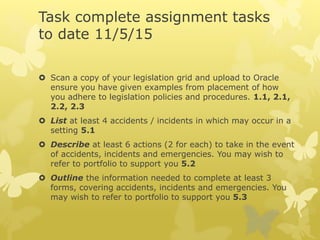 Task complete assignment tasks
to date 11/5/15
 Scan a copy of your legislation grid and upload to Oracle
ensure you have given examples from placement of how
you adhere to legislation policies and procedures. 1.1, 2.1,
2.2, 2.3
 List at least 4 accidents / incidents in which may occur in a
setting 5.1
 Describe at least 6 actions (2 for each) to take in the event
of accidents, incidents and emergencies. You may wish to
refer to portfolio to support you 5.2
 Outline the information needed to complete at least 3
forms, covering accidents, incidents and emergencies. You
may wish to refer to portfolio to support you 5.3
 