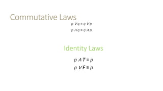 Commutative Laws
p ∨ q ≡ q ∨ p
p ∧ q ≡ q ∧ p
Identity Laws
p ∧ T ≡ p
p ∨ F ≡ p
 
