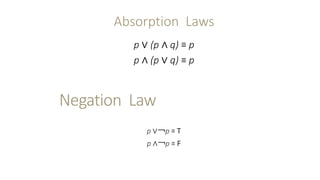 Negation Law
p ∨￢p ≡ T
p ∧￢p ≡ F
Absorption Laws
p ∨ (p ∧ q) ≡ p
p ∧ (p ∨ q) ≡ p
 