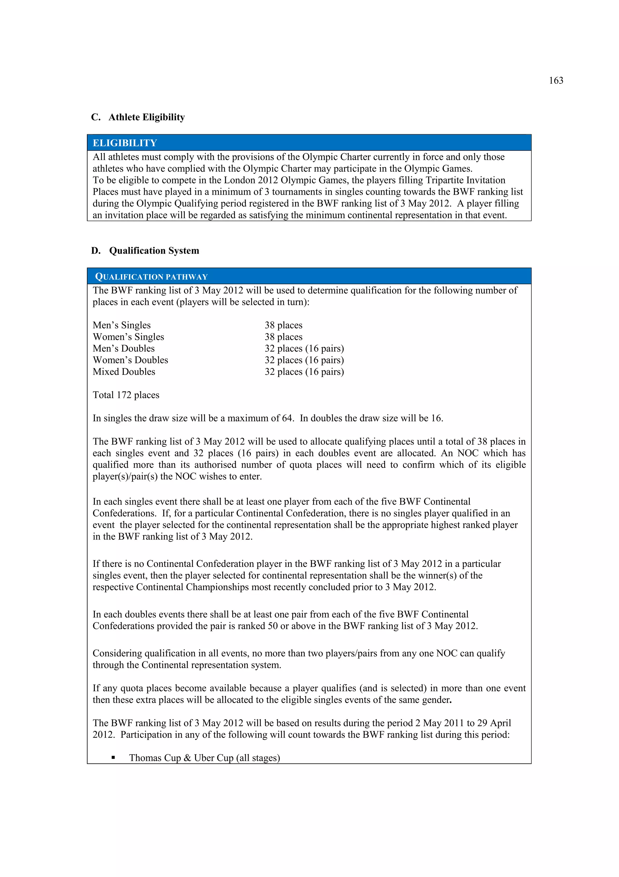 163
C. Athlete Eligibility
ELIGIBILITY
All athletes must comply with the provisions of the Olympic Charter currently in force and only those
athletes who have complied with the Olympic Charter may participate in the Olympic Games.
To be eligible to compete in the London 2012 Olympic Games, the players filling Tripartite Invitation
Places must have played in a minimum of 3 tournaments in singles counting towards the BWF ranking list
during the Olympic Qualifying period registered in the BWF ranking list of 3 May 2012. A player filling
an invitation place will be regarded as satisfying the minimum continental representation in that event.
D. Qualification System
QUALIFICATION PATHWAY
The BWF ranking list of 3 May 2012 will be used to determine qualification for the following number of
places in each event (players will be selected in turn):
Men’s Singles 38 places
Women’s Singles 38 places
Men’s Doubles 32 places (16 pairs)
Women’s Doubles 32 places (16 pairs)
Mixed Doubles 32 places (16 pairs)
Total 172 places
In singles the draw size will be a maximum of 64. In doubles the draw size will be 16.
The BWF ranking list of 3 May 2012 will be used to allocate qualifying places until a total of 38 places in
each singles event and 32 places (16 pairs) in each doubles event are allocated. An NOC which has
qualified more than its authorised number of quota places will need to confirm which of its eligible
player(s)/pair(s) the NOC wishes to enter.
In each singles event there shall be at least one player from each of the five BWF Continental
Confederations. If, for a particular Continental Confederation, there is no singles player qualified in an
event the player selected for the continental representation shall be the appropriate highest ranked player
in the BWF ranking list of 3 May 2012.
If there is no Continental Confederation player in the BWF ranking list of 3 May 2012 in a particular
singles event, then the player selected for continental representation shall be the winner(s) of the
respective Continental Championships most recently concluded prior to 3 May 2012.
In each doubles events there shall be at least one pair from each of the five BWF Continental
Confederations provided the pair is ranked 50 or above in the BWF ranking list of 3 May 2012.
Considering qualification in all events, no more than two players/pairs from any one NOC can qualify
through the Continental representation system.
If any quota places become available because a player qualifies (and is selected) in more than one event
then these extra places will be allocated to the eligible singles events of the same gender.
The BWF ranking list of 3 May 2012 will be based on results during the period 2 May 2011 to 29 April
2012. Participation in any of the following will count towards the BWF ranking list during this period:
Thomas Cup & Uber Cup (all stages)
 