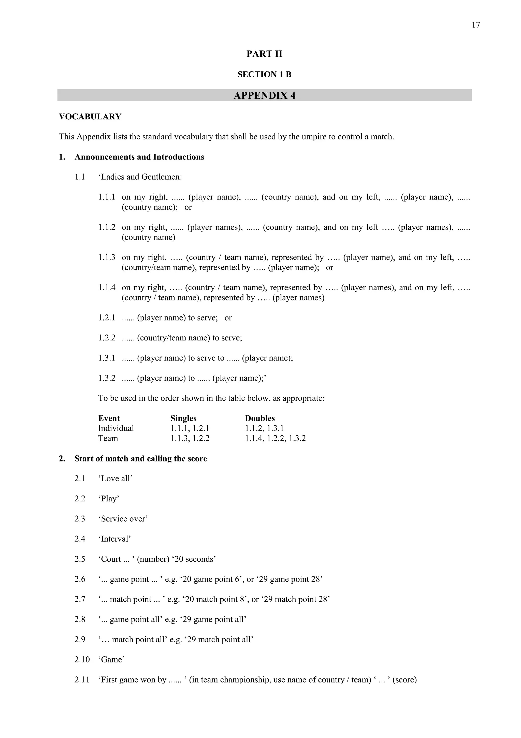 17
PART II
SECTION 1 B
APPENDIX 4
VOCABULARY
This Appendix lists the standard vocabulary that shall be used by the umpire to control a match.
1. Announcements and Introductions
1.1 ‘Ladies and Gentlemen:
1.1.1 on my right, ...... (player name), ...... (country name), and on my left, ...... (player name), ......
(country name); or
1.1.2 on my right, ...... (player names), ...... (country name), and on my left ….. (player names), ......
(country name)
1.1.3 on my right, ….. (country / team name), represented by ….. (player name), and on my left, …..
(country/team name), represented by ….. (player name); or
1.1.4 on my right, ….. (country / team name), represented by ….. (player names), and on my left, …..
(country / team name), represented by ….. (player names)
1.2.1 ...... (player name) to serve; or
1.2.2 ...... (country/team name) to serve;
1.3.1 ...... (player name) to serve to ...... (player name);
1.3.2 ...... (player name) to ...... (player name);’
To be used in the order shown in the table below, as appropriate:
Event Singles Doubles
Individual 1.1.1, 1.2.1 1.1.2, 1.3.1
Team 1.1.3, 1.2.2 1.1.4, 1.2.2, 1.3.2
2. Start of match and calling the score
2.1 ‘Love all’
2.2 ‘Play’
2.3 ‘Service over’
2.4 ‘Interval’
2.5 ‘Court ... ’ (number) ‘20 seconds’
2.6 ‘... game point ... ’ e.g. ‘20 game point 6’, or ‘29 game point 28’
2.7 ‘... match point ... ’ e.g. ‘20 match point 8’, or ‘29 match point 28’
2.8 ‘... game point all’ e.g. ‘29 game point all’
2.9 ‘… match point all’ e.g. ‘29 match point all’
2.10 ‘Game’
2.11 ‘First game won by ...... ’ (in team championship, use name of country / team) ‘ ... ’ (score)
 