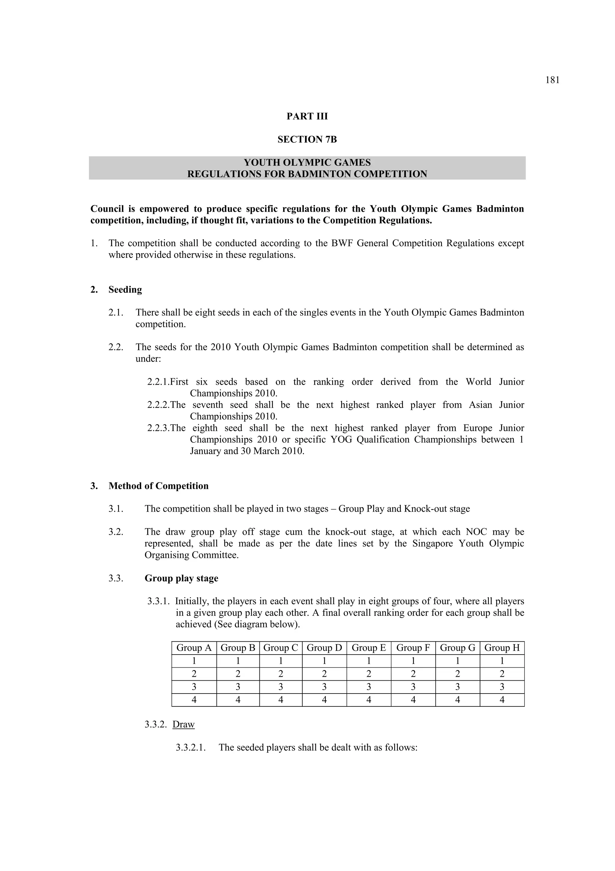 181
PART III
SECTION 7B
YOUTH OLYMPIC GAMES
REGULATIONS FOR BADMINTON COMPETITION
Council is empowered to produce specific regulations for the Youth Olympic Games Badminton
competition, including, if thought fit, variations to the Competition Regulations.
1. The competition shall be conducted according to the BWF General Competition Regulations except
where provided otherwise in these regulations.
2. Seeding
2.1. There shall be eight seeds in each of the singles events in the Youth Olympic Games Badminton
competition.
2.2. The seeds for the 2010 Youth Olympic Games Badminton competition shall be determined as
under:
2.2.1.First six seeds based on the ranking order derived from the World Junior
Championships 2010.
2.2.2.The seventh seed shall be the next highest ranked player from Asian Junior
Championships 2010.
2.2.3.The eighth seed shall be the next highest ranked player from Europe Junior
Championships 2010 or specific YOG Qualification Championships between 1
January and 30 March 2010.
3. Method of Competition
3.1. The competition shall be played in two stages – Group Play and Knock-out stage
3.2. The draw group play off stage cum the knock-out stage, at which each NOC may be
represented, shall be made as per the date lines set by the Singapore Youth Olympic
Organising Committee.
3.3. Group play stage
3.3.1. Initially, the players in each event shall play in eight groups of four, where all players
in a given group play each other. A final overall ranking order for each group shall be
achieved (See diagram below).
Group A Group B Group C Group D Group E Group F Group G Group H
1 1 1 1 1 1 1 1
2 2 2 2 2 2 2 2
3 3 3 3 3 3 3 3
4 4 4 4 4 4 4 4
3.3.2. Draw
3.3.2.1. The seeded players shall be dealt with as follows:
 