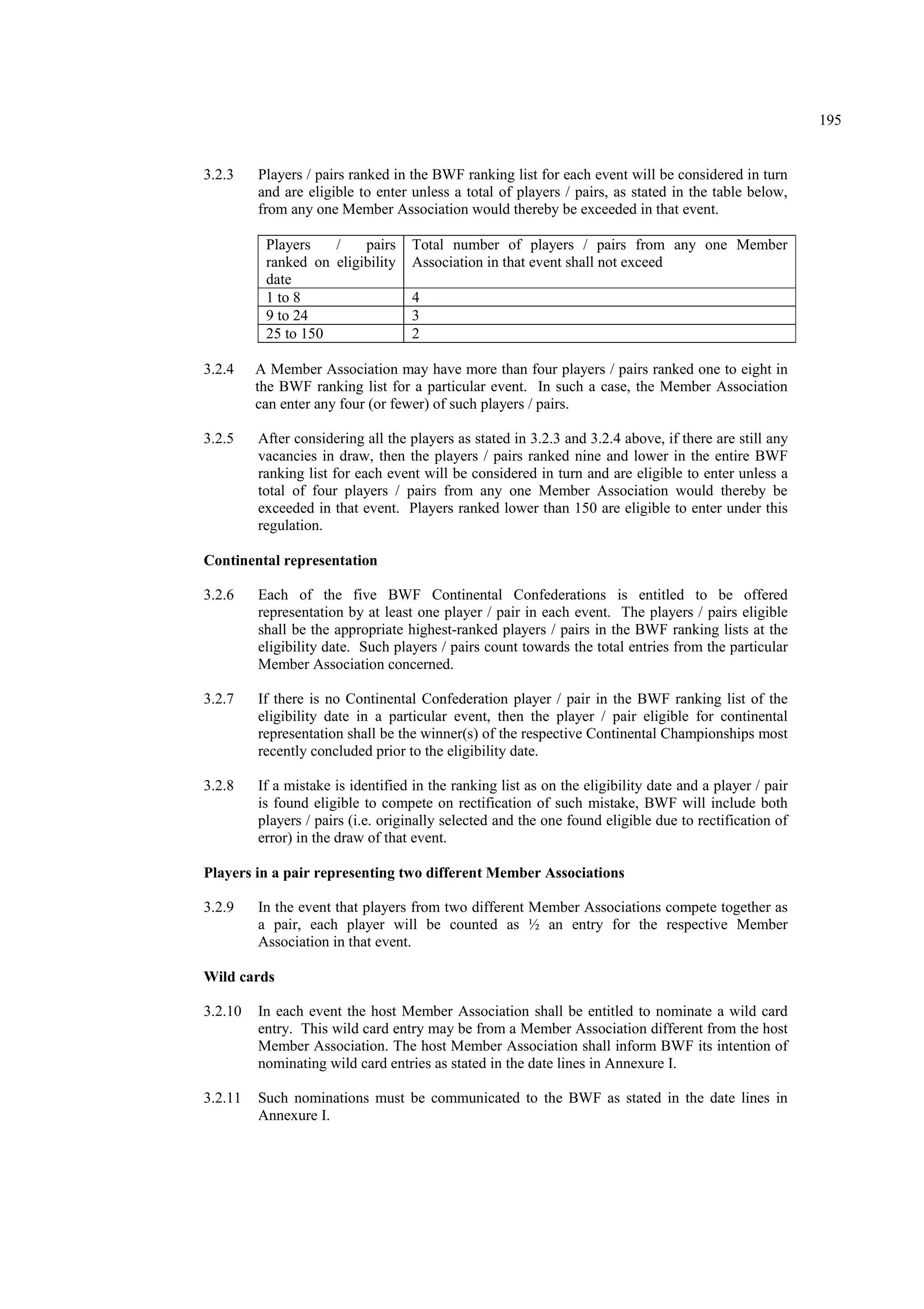 195
3.2.3 Players / pairs ranked in the BWF ranking list for each event will be considered in turn
and are eligible to enter unless a total of players / pairs, as stated in the table below,
from any one Member Association would thereby be exceeded in that event.
Players / pairs
ranked on eligibility
date
Total number of players / pairs from any one Member
Association in that event shall not exceed
1 to 8 4
9 to 24 3
25 to 150 2
3.2.4 A Member Association may have more than four players / pairs ranked one to eight in
the BWF ranking list for a particular event. In such a case, the Member Association
can enter any four (or fewer) of such players / pairs.
3.2.5 After considering all the players as stated in 3.2.3 and 3.2.4 above, if there are still any
vacancies in draw, then the players / pairs ranked nine and lower in the entire BWF
ranking list for each event will be considered in turn and are eligible to enter unless a
total of four players / pairs from any one Member Association would thereby be
exceeded in that event. Players ranked lower than 150 are eligible to enter under this
regulation.
Continental representation
3.2.6 Each of the five BWF Continental Confederations is entitled to be offered
representation by at least one player / pair in each event. The players / pairs eligible
shall be the appropriate highest-ranked players / pairs in the BWF ranking lists at the
eligibility date. Such players / pairs count towards the total entries from the particular
Member Association concerned.
3.2.7 If there is no Continental Confederation player / pair in the BWF ranking list of the
eligibility date in a particular event, then the player / pair eligible for continental
representation shall be the winner(s) of the respective Continental Championships most
recently concluded prior to the eligibility date.
3.2.8 If a mistake is identified in the ranking list as on the eligibility date and a player / pair
is found eligible to compete on rectification of such mistake, BWF will include both
players / pairs (i.e. originally selected and the one found eligible due to rectification of
error) in the draw of that event.
Players in a pair representing two different Member Associations
3.2.9 In the event that players from two different Member Associations compete together as
a pair, each player will be counted as ½ an entry for the respective Member
Association in that event.
Wild cards
3.2.10 In each event the host Member Association shall be entitled to nominate a wild card
entry. This wild card entry may be from a Member Association different from the host
Member Association. The host Member Association shall inform BWF its intention of
nominating wild card entries as stated in the date lines in Annexure I.
3.2.11 Such nominations must be communicated to the BWF as stated in the date lines in
Annexure I.
 