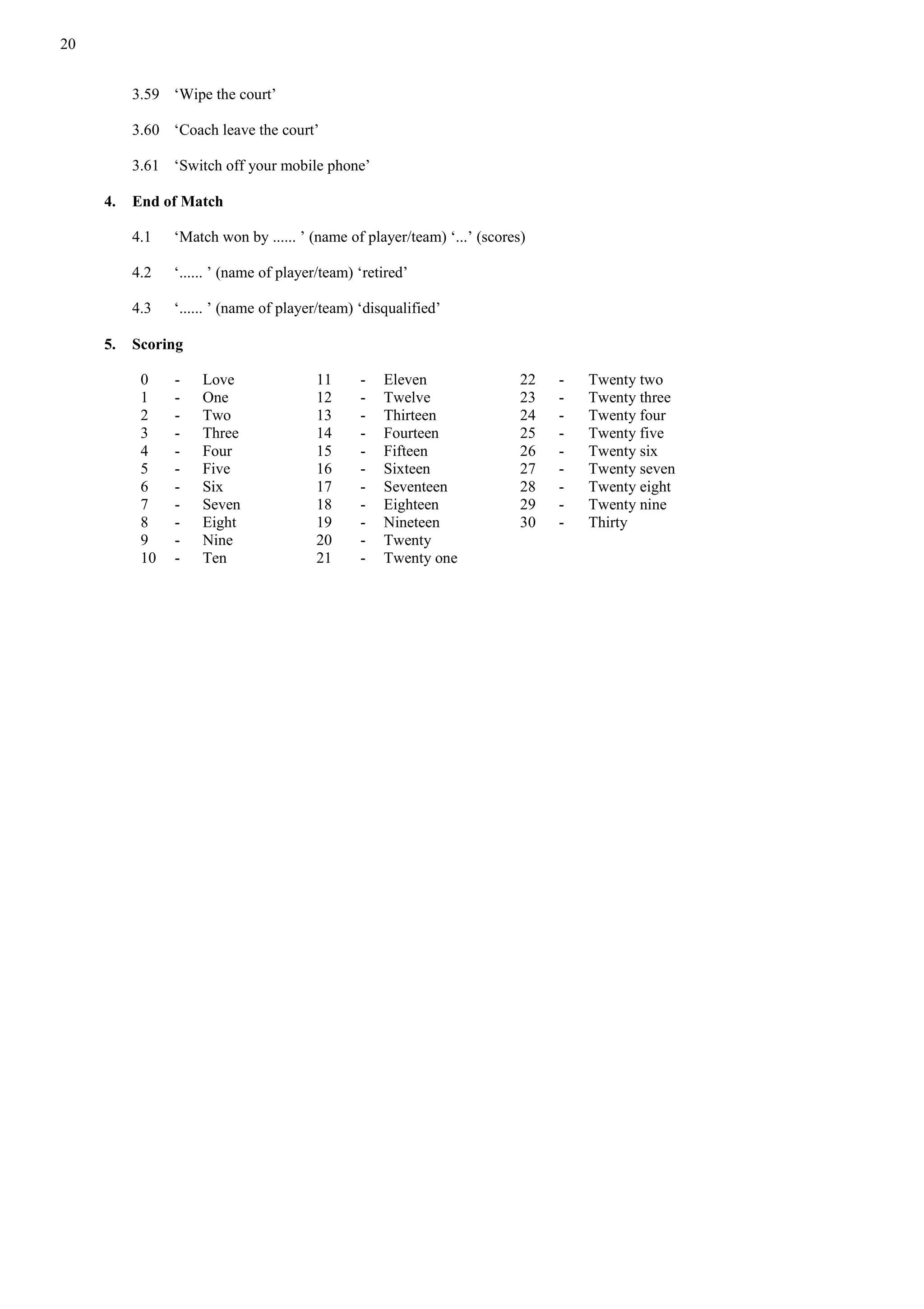 20
3.59 ‘Wipe the court’
3.60 ‘Coach leave the court’
3.61 ‘Switch off your mobile phone’
4. End of Match
4.1 ‘Match won by ...... ’ (name of player/team) ‘...’ (scores)
4.2 ‘...... ’ (name of player/team) ‘retired’
4.3 ‘...... ’ (name of player/team) ‘disqualified’
5. Scoring
0
1
2
3
4
5
6
7
8
9
10
-
-
-
-
-
-
-
-
-
-
-
Love
One
Two
Three
Four
Five
Six
Seven
Eight
Nine
Ten
11
12
13
14
15
16
17
18
19
20
21
-
-
-
-
-
-
-
-
-
-
-
Eleven
Twelve
Thirteen
Fourteen
Fifteen
Sixteen
Seventeen
Eighteen
Nineteen
Twenty
Twenty one
22
23
24
25
26
27
28
29
30
-
-
-
-
-
-
-
-
-
Twenty two
Twenty three
Twenty four
Twenty five
Twenty six
Twenty seven
Twenty eight
Twenty nine
Thirty
 