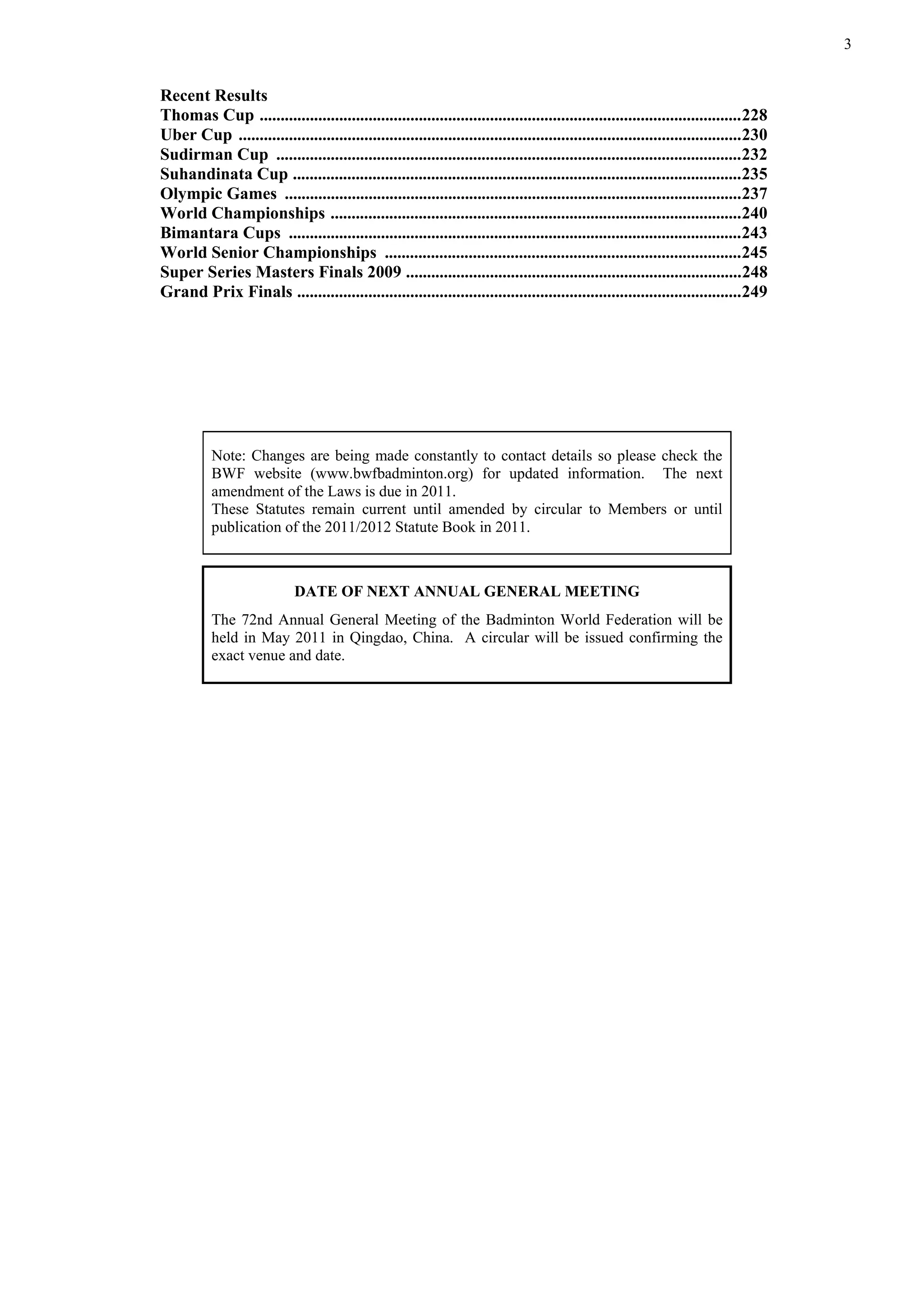 3
Recent Results
Thomas Cup ...................................................................................................................228
Uber Cup ........................................................................................................................230
Sudirman Cup ...............................................................................................................232
Suhandinata Cup ...........................................................................................................235
Olympic Games .............................................................................................................237
World Championships ..................................................................................................240
Bimantara Cups ............................................................................................................243
World Senior Championships .....................................................................................245
Super Series Masters Finals 2009 ................................................................................248
Grand Prix Finals ..........................................................................................................249
Note: Changes are being made constantly to contact details so please check the
BWF website (www.bwfbadminton.org) for updated information. The next
amendment of the Laws is due in 2011.
These Statutes remain current until amended by circular to Members or until
publication of the 2011/2012 Statute Book in 2011.
DATE OF NEXT ANNUAL GENERAL MEETING
The 72nd Annual General Meeting of the Badminton World Federation will be
held in May 2011 in Qingdao, China. A circular will be issued confirming the
exact venue and date.
 