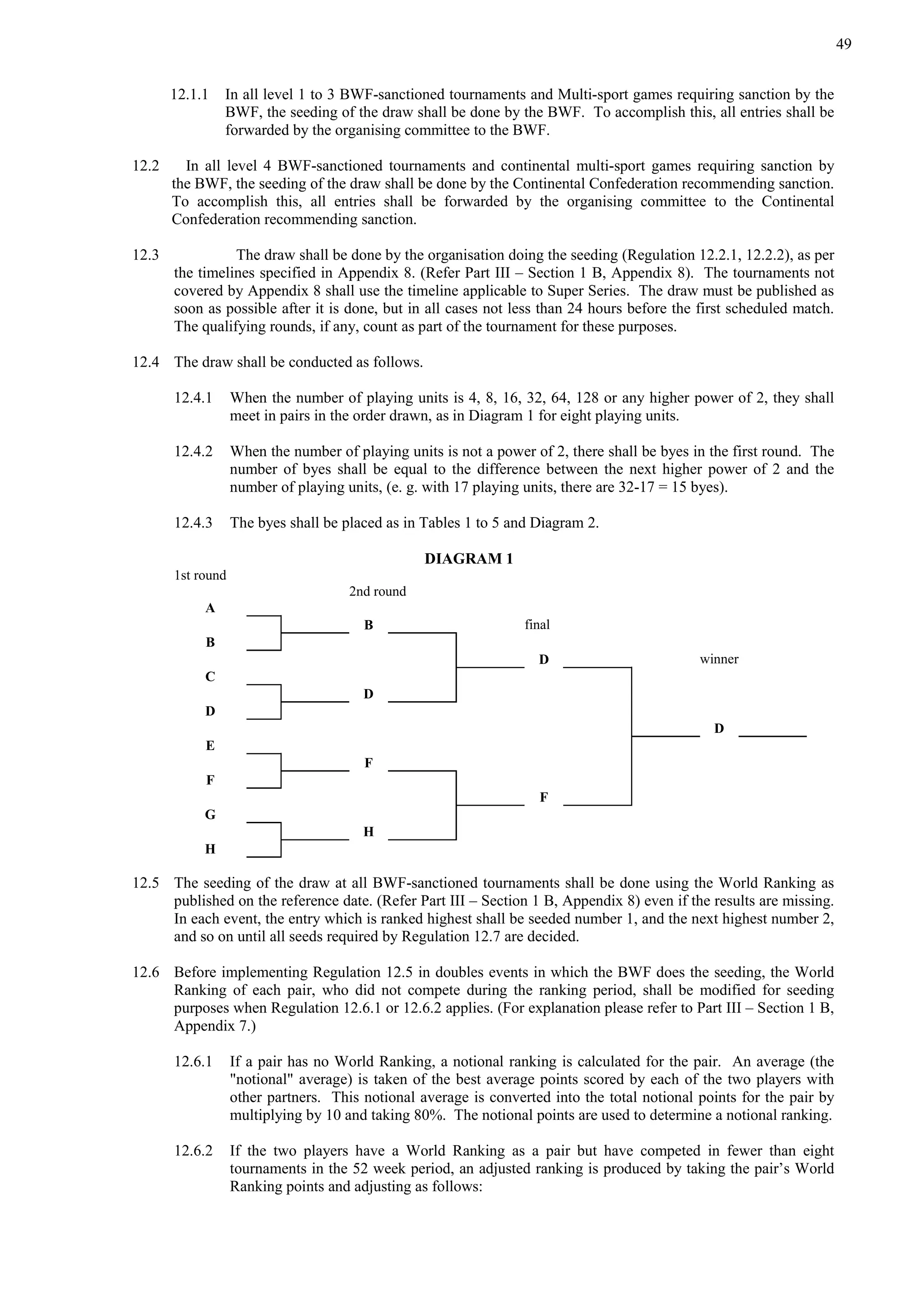 49
12.1.1 In all level 1 to 3 BWF-sanctioned tournaments and Multi-sport games requiring sanction by the
BWF, the seeding of the draw shall be done by the BWF. To accomplish this, all entries shall be
forwarded by the organising committee to the BWF.
12.2 In all level 4 BWF-sanctioned tournaments and continental multi-sport games requiring sanction by
the BWF, the seeding of the draw shall be done by the Continental Confederation recommending sanction.
To accomplish this, all entries shall be forwarded by the organising committee to the Continental
Confederation recommending sanction.
12.3 The draw shall be done by the organisation doing the seeding (Regulation 12.2.1, 12.2.2), as per
the timelines specified in Appendix 8. (Refer Part III – Section 1 B, Appendix 8). The tournaments not
covered by Appendix 8 shall use the timeline applicable to Super Series. The draw must be published as
soon as possible after it is done, but in all cases not less than 24 hours before the first scheduled match.
The qualifying rounds, if any, count as part of the tournament for these purposes.
12.4 The draw shall be conducted as follows.
12.4.1 When the number of playing units is 4, 8, 16, 32, 64, 128 or any higher power of 2, they shall
meet in pairs in the order drawn, as in Diagram 1 for eight playing units.
12.4.2 When the number of playing units is not a power of 2, there shall be byes in the first round. The
number of byes shall be equal to the difference between the next higher power of 2 and the
number of playing units, (e. g. with 17 playing units, there are 32-17 = 15 byes).
12.4.3 The byes shall be placed as in Tables 1 to 5 and Diagram 2.
DIAGRAM 1
1st round
2nd round
A
B final
B
D winner
C
D
D
D
E
F
F
F
G
H
H
12.5 The seeding of the draw at all BWF-sanctioned tournaments shall be done using the World Ranking as
published on the reference date. (Refer Part III – Section 1 B, Appendix 8) even if the results are missing.
In each event, the entry which is ranked highest shall be seeded number 1, and the next highest number 2,
and so on until all seeds required by Regulation 12.7 are decided.
12.6 Before implementing Regulation 12.5 in doubles events in which the BWF does the seeding, the World
Ranking of each pair, who did not compete during the ranking period, shall be modified for seeding
purposes when Regulation 12.6.1 or 12.6.2 applies. (For explanation please refer to Part III – Section 1 B,
Appendix 7.)
12.6.1 If a pair has no World Ranking, a notional ranking is calculated for the pair. An average (the
"notional" average) is taken of the best average points scored by each of the two players with
other partners. This notional average is converted into the total notional points for the pair by
multiplying by 10 and taking 80%. The notional points are used to determine a notional ranking.
12.6.2 If the two players have a World Ranking as a pair but have competed in fewer than eight
tournaments in the 52 week period, an adjusted ranking is produced by taking the pair’s World
Ranking points and adjusting as follows:
 