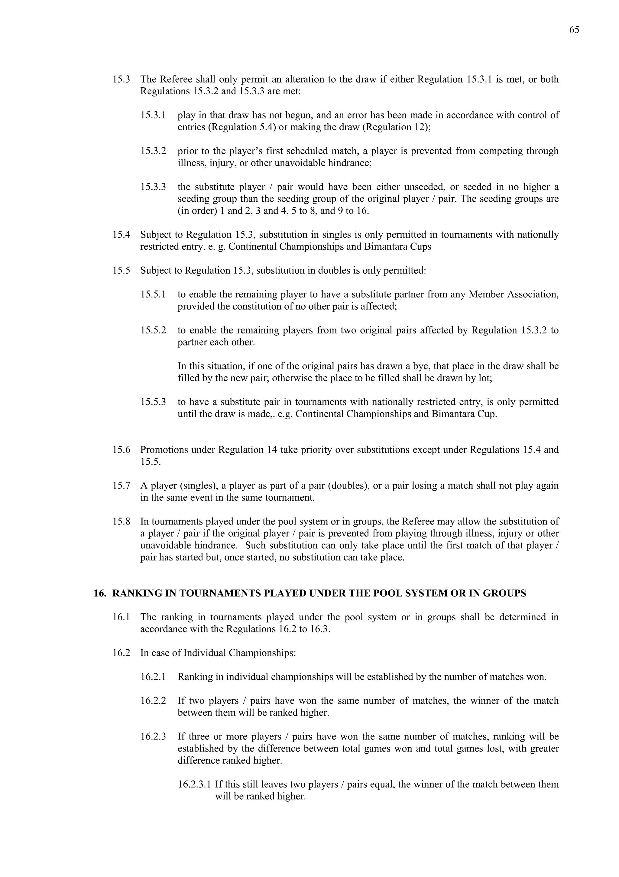 65
15.3 The Referee shall only permit an alteration to the draw if either Regulation 15.3.1 is met, or both
Regulations 15.3.2 and 15.3.3 are met:
15.3.1 play in that draw has not begun, and an error has been made in accordance with control of
entries (Regulation 5.4) or making the draw (Regulation 12);
15.3.2 prior to the player’s first scheduled match, a player is prevented from competing through
illness, injury, or other unavoidable hindrance;
15.3.3 the substitute player / pair would have been either unseeded, or seeded in no higher a
seeding group than the seeding group of the original player / pair. The seeding groups are
(in order) 1 and 2, 3 and 4, 5 to 8, and 9 to 16.
15.4 Subject to Regulation 15.3, substitution in singles is only permitted in tournaments with nationally
restricted entry. e. g. Continental Championships and Bimantara Cups
15.5 Subject to Regulation 15.3, substitution in doubles is only permitted:
15.5.1 to enable the remaining player to have a substitute partner from any Member Association,
provided the constitution of no other pair is affected;
15.5.2 to enable the remaining players from two original pairs affected by Regulation 15.3.2 to
partner each other.
In this situation, if one of the original pairs has drawn a bye, that place in the draw shall be
filled by the new pair; otherwise the place to be filled shall be drawn by lot;
15.5.3 to have a substitute pair in tournaments with nationally restricted entry, is only permitted
until the draw is made,. e.g. Continental Championships and Bimantara Cup.
15.6 Promotions under Regulation 14 take priority over substitutions except under Regulations 15.4 and
15.5.
15.7 A player (singles), a player as part of a pair (doubles), or a pair losing a match shall not play again
in the same event in the same tournament.
15.8 In tournaments played under the pool system or in groups, the Referee may allow the substitution of
a player / pair if the original player / pair is prevented from playing through illness, injury or other
unavoidable hindrance. Such substitution can only take place until the first match of that player /
pair has started but, once started, no substitution can take place.
16. RANKING IN TOURNAMENTS PLAYED UNDER THE POOL SYSTEM OR IN GROUPS
16.1 The ranking in tournaments played under the pool system or in groups shall be determined in
accordance with the Regulations 16.2 to 16.3.
16.2 In case of Individual Championships:
16.2.1 Ranking in individual championships will be established by the number of matches won.
16.2.2 If two players / pairs have won the same number of matches, the winner of the match
between them will be ranked higher.
16.2.3 If three or more players / pairs have won the same number of matches, ranking will be
established by the difference between total games won and total games lost, with greater
difference ranked higher.
16.2.3.1 If this still leaves two players / pairs equal, the winner of the match between them
will be ranked higher.
 
