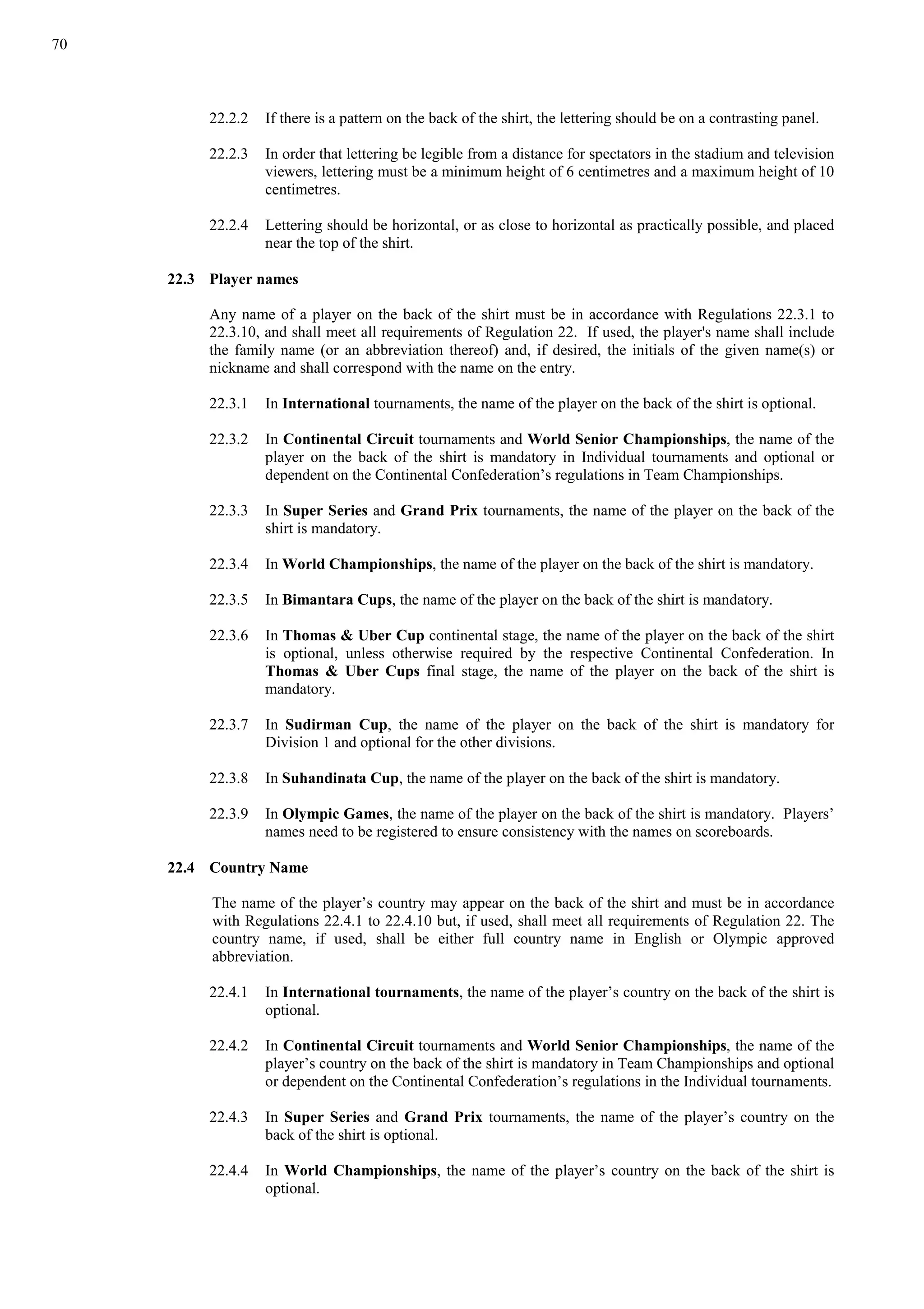70
22.2.2 If there is a pattern on the back of the shirt, the lettering should be on a contrasting panel.
22.2.3 In order that lettering be legible from a distance for spectators in the stadium and television
viewers, lettering must be a minimum height of 6 centimetres and a maximum height of 10
centimetres.
22.2.4 Lettering should be horizontal, or as close to horizontal as practically possible, and placed
near the top of the shirt.
22.3 Player names
Any name of a player on the back of the shirt must be in accordance with Regulations 22.3.1 to
22.3.10, and shall meet all requirements of Regulation 22. If used, the player's name shall include
the family name (or an abbreviation thereof) and, if desired, the initials of the given name(s) or
nickname and shall correspond with the name on the entry.
22.3.1 In International tournaments, the name of the player on the back of the shirt is optional.
22.3.2 In Continental Circuit tournaments and World Senior Championships, the name of the
player on the back of the shirt is mandatory in Individual tournaments and optional or
dependent on the Continental Confederation’s regulations in Team Championships.
22.3.3 In Super Series and Grand Prix tournaments, the name of the player on the back of the
shirt is mandatory.
22.3.4 In World Championships, the name of the player on the back of the shirt is mandatory.
22.3.5 In Bimantara Cups, the name of the player on the back of the shirt is mandatory.
22.3.6 In Thomas & Uber Cup continental stage, the name of the player on the back of the shirt
is optional, unless otherwise required by the respective Continental Confederation. In
Thomas & Uber Cups final stage, the name of the player on the back of the shirt is
mandatory.
22.3.7 In Sudirman Cup, the name of the player on the back of the shirt is mandatory for
Division 1 and optional for the other divisions.
22.3.8 In Suhandinata Cup, the name of the player on the back of the shirt is mandatory.
22.3.9 In Olympic Games, the name of the player on the back of the shirt is mandatory. Players’
names need to be registered to ensure consistency with the names on scoreboards.
22.4 Country Name
The name of the player’s country may appear on the back of the shirt and must be in accordance
with Regulations 22.4.1 to 22.4.10 but, if used, shall meet all requirements of Regulation 22. The
country name, if used, shall be either full country name in English or Olympic approved
abbreviation.
22.4.1 In International tournaments, the name of the player’s country on the back of the shirt is
optional.
22.4.2 In Continental Circuit tournaments and World Senior Championships, the name of the
player’s country on the back of the shirt is mandatory in Team Championships and optional
or dependent on the Continental Confederation’s regulations in the Individual tournaments.
22.4.3 In Super Series and Grand Prix tournaments, the name of the player’s country on the
back of the shirt is optional.
22.4.4 In World Championships, the name of the player’s country on the back of the shirt is
optional.
 