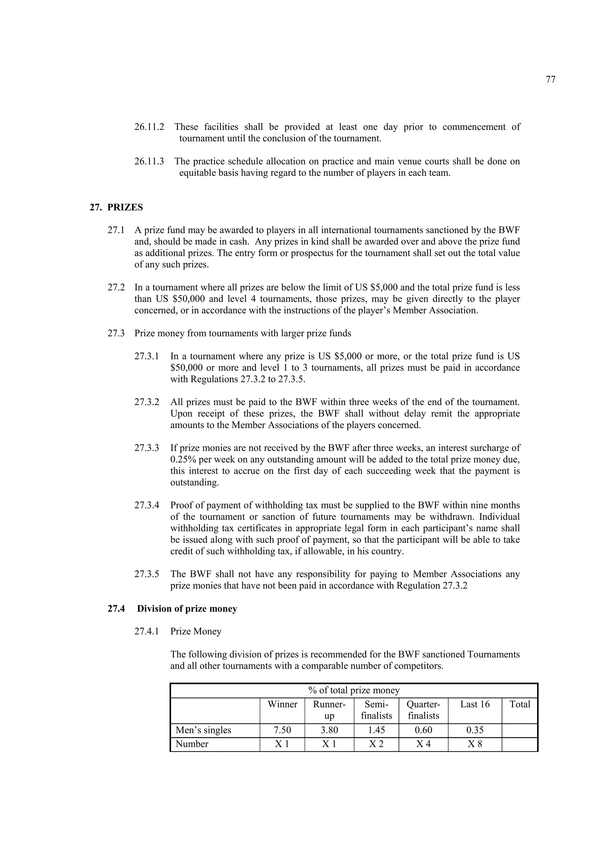77
26.11.2 These facilities shall be provided at least one day prior to commencement of
tournament until the conclusion of the tournament.
26.11.3 The practice schedule allocation on practice and main venue courts shall be done on
equitable basis having regard to the number of players in each team.
27. PRIZES
27.1 A prize fund may be awarded to players in all international tournaments sanctioned by the BWF
and, should be made in cash. Any prizes in kind shall be awarded over and above the prize fund
as additional prizes. The entry form or prospectus for the tournament shall set out the total value
of any such prizes.
27.2 In a tournament where all prizes are below the limit of US $5,000 and the total prize fund is less
than US $50,000 and level 4 tournaments, those prizes, may be given directly to the player
concerned, or in accordance with the instructions of the player’s Member Association.
27.3 Prize money from tournaments with larger prize funds
27.3.1 In a tournament where any prize is US $5,000 or more, or the total prize fund is US
$50,000 or more and level 1 to 3 tournaments, all prizes must be paid in accordance
with Regulations 27.3.2 to 27.3.5.
27.3.2 All prizes must be paid to the BWF within three weeks of the end of the tournament.
Upon receipt of these prizes, the BWF shall without delay remit the appropriate
amounts to the Member Associations of the players concerned.
27.3.3 If prize monies are not received by the BWF after three weeks, an interest surcharge of
0.25% per week on any outstanding amount will be added to the total prize money due,
this interest to accrue on the first day of each succeeding week that the payment is
outstanding.
27.3.4 Proof of payment of withholding tax must be supplied to the BWF within nine months
of the tournament or sanction of future tournaments may be withdrawn. Individual
withholding tax certificates in appropriate legal form in each participant’s name shall
be issued along with such proof of payment, so that the participant will be able to take
credit of such withholding tax, if allowable, in his country.
27.3.5 The BWF shall not have any responsibility for paying to Member Associations any
prize monies that have not been paid in accordance with Regulation 27.3.2
27.4 Division of prize money
27.4.1 Prize Money
The following division of prizes is recommended for the BWF sanctioned Tournaments
and all other tournaments with a comparable number of competitors.
% of total prize money
Winner Runner-
up
Semi-
finalists
Quarter-
finalists
Last 16 Total
Men’s singles 7.50 3.80 1.45 0.60 0.35
Number X 1 X 1 X 2 X 4 X 8
 