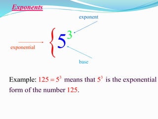 Exponents
 3
5
exponential
base
exponent
3 3
means that is the exponential
form of t
Example:
he number
125 5 5
.
125

 