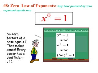 #8: Zero Law of Exponents: Any base powered by zero
exponent equals one.
0
1
x 
1
)
5
(
1
1
5
0
0
0



a
and
a
and
So zero
factors of a
base equals 1.
That makes
sense! Every
power has a
coefficient
of 1.
 