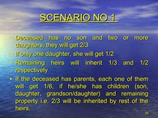 2424
• Deceased has no son and two or moreDeceased has no son and two or more
daughters, they will get 2/3daughters, they will get 2/3
• If only one daughter, she will get 1/2If only one daughter, she will get 1/2
• Remaining heirs will inherit 1/3 and 1/2Remaining heirs will inherit 1/3 and 1/2
respectivelyrespectively
• If the deceased has parents, each one of themIf the deceased has parents, each one of them
will get 1/6, if he/she has children (son,will get 1/6, if he/she has children (son,
daughter, grandson/daughter) and remainingdaughter, grandson/daughter) and remaining
property i.e. 2/3 will be inherited by rest of theproperty i.e. 2/3 will be inherited by rest of the
heirs.heirs.
SCENARIO NO 1SCENARIO NO 1
 