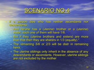 3232
• If a person dies who has neither ascendants norIf a person dies who has neither ascendants nor
descendents :descendents :
– And he/she has a (uterine) brother or a (uterine)And he/she has a (uterine) brother or a (uterine)
sister, each one of them will have 1/6.sister, each one of them will have 1/6.
– But if they (uterine brothers and sisters) are moreBut if they (uterine brothers and sisters) are more
than that then they are sharers in 1/3 (equally)."than that then they are sharers in 1/3 (equally)."
– The remaining 5/6 or 2/3 will be distr in remainingThe remaining 5/6 or 2/3 will be distr in remaining
heirs.heirs.
– The uterine siblings only inherit in the absence of anyThe uterine siblings only inherit in the absence of any
descendants or ascendants. However, uterine siblingsdescendants or ascendants. However, uterine siblings
are not excluded by the motherare not excluded by the mother
SCENARIO NO 4SCENARIO NO 4
 