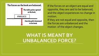 WHAT IS MEANT BY
UNBALANCED FORCE?
If the forces on an object are equal and
opposite, they are said to be balanced,
and th...