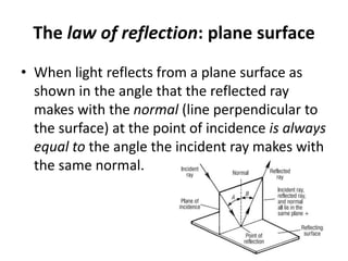 The law of reflection: plane surface
• When light reflects from a plane surface as
shown in the angle that the reflected ray
makes with the normal (line perpendicular to
the surface) at the point of incidence is always
equal to the angle the incident ray makes with
the same normal.
 