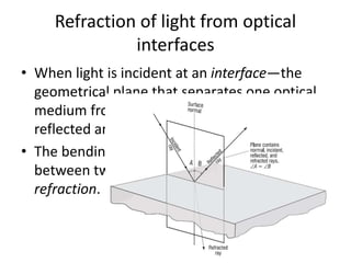 Refraction of light from optical
interfaces
• When light is incident at an interface—the
geometrical plane that separates one optical
medium from another—it will be partly
reflected and partly transmitted.
• The bending of light rays at an interface
between two optical media is called
refraction.
 